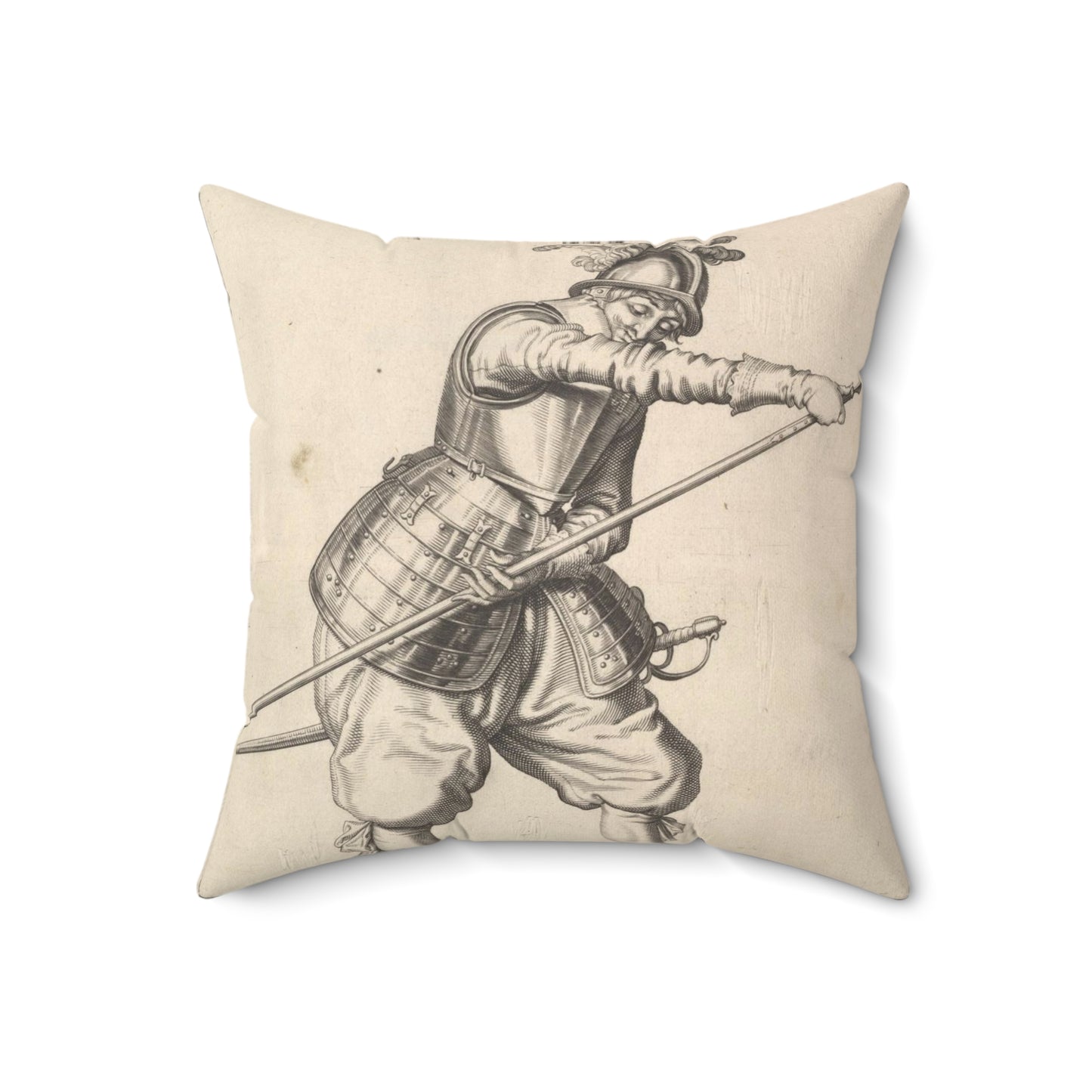 A soldier sliding his right hand along the training-pike, from the Lansquenets series, plate 22, in Wapenhandelinghe van Roers Musquetten Ende Spiessen (The Exercise of Arms) Decorative Accent Square Pillow