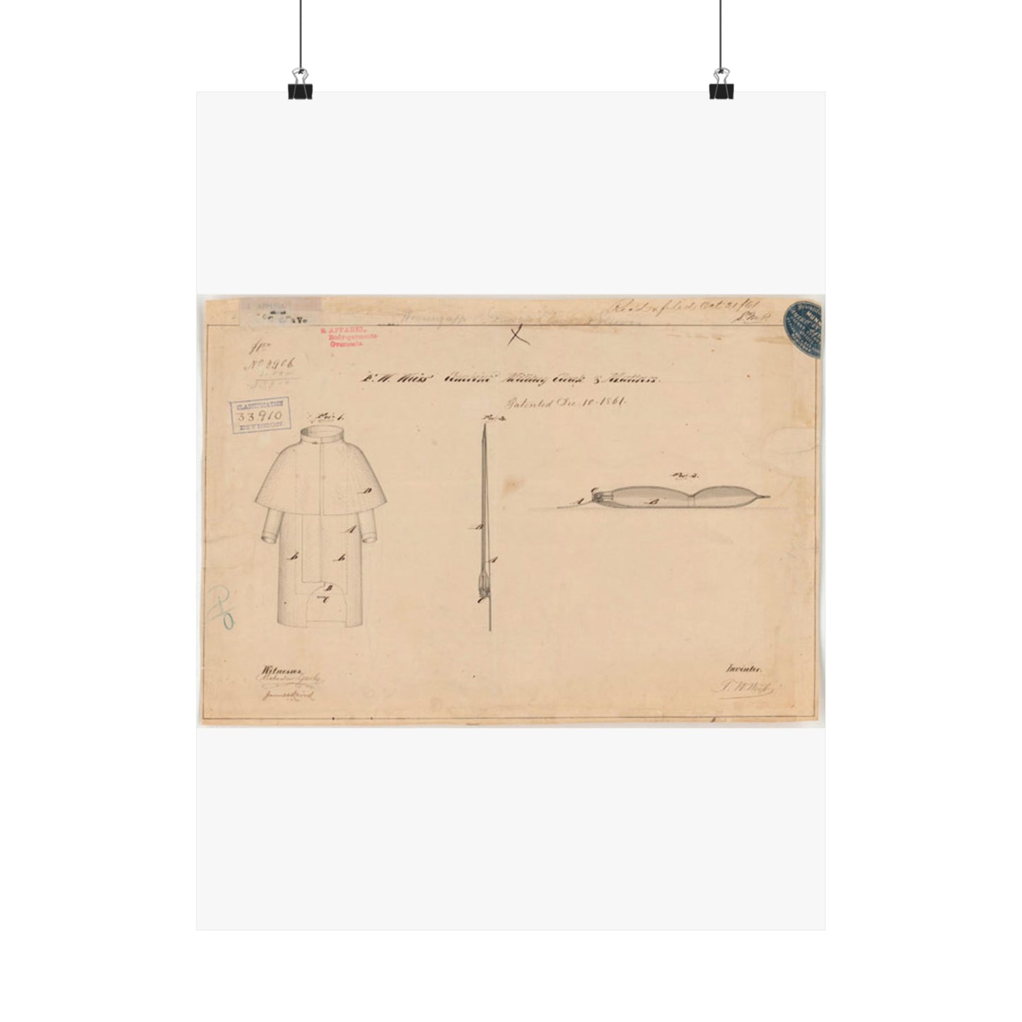 Patent drawing - Drawing of Combined Military Cloak and Mattress Public domain  image High Quality Matte Wall Art Poster for Home, Office, Classroom