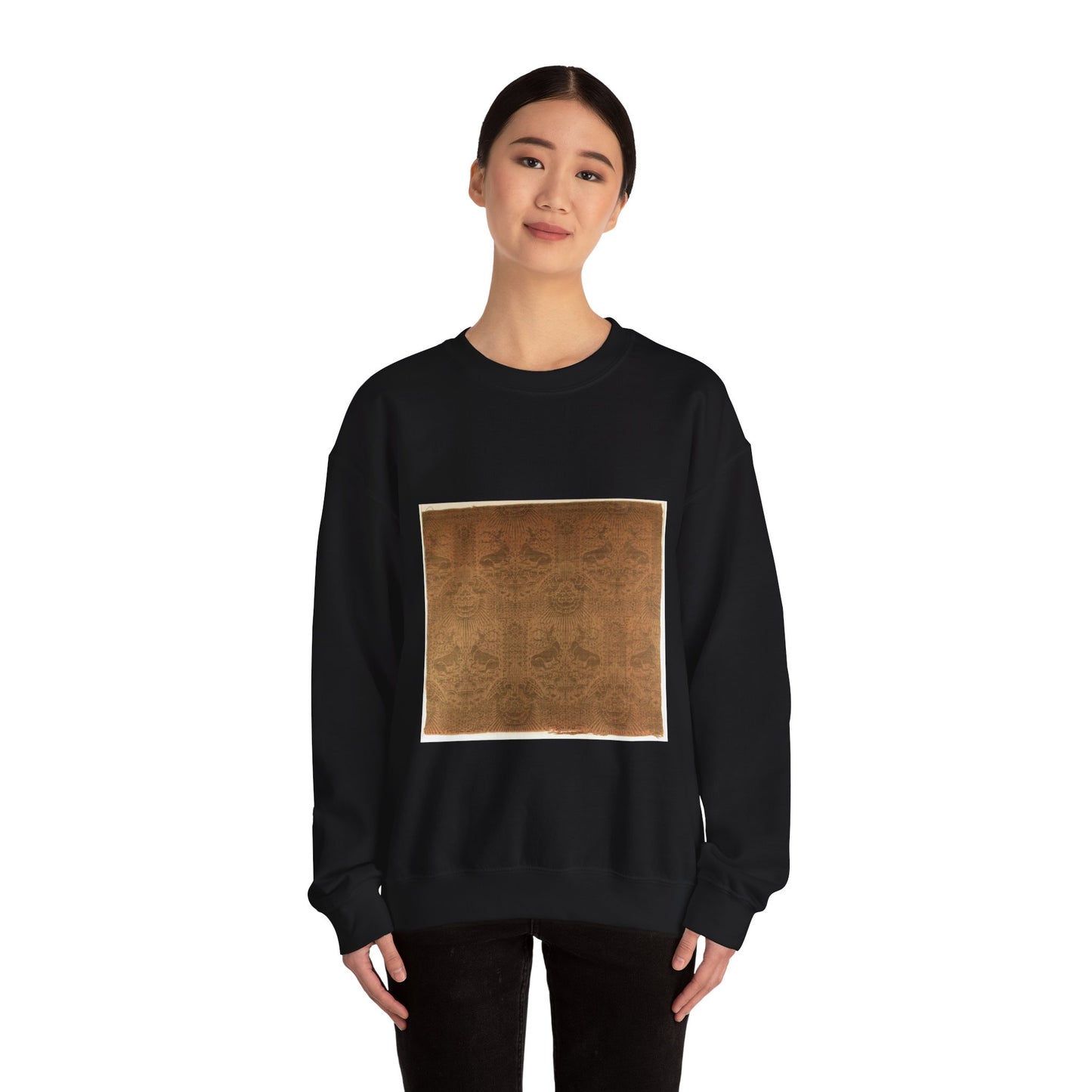 Textile Fragment with Recumbent Harts, Eagles, Clouds, and Sunrays Black Heavy Blend Adult Crew Neck SweatShirt