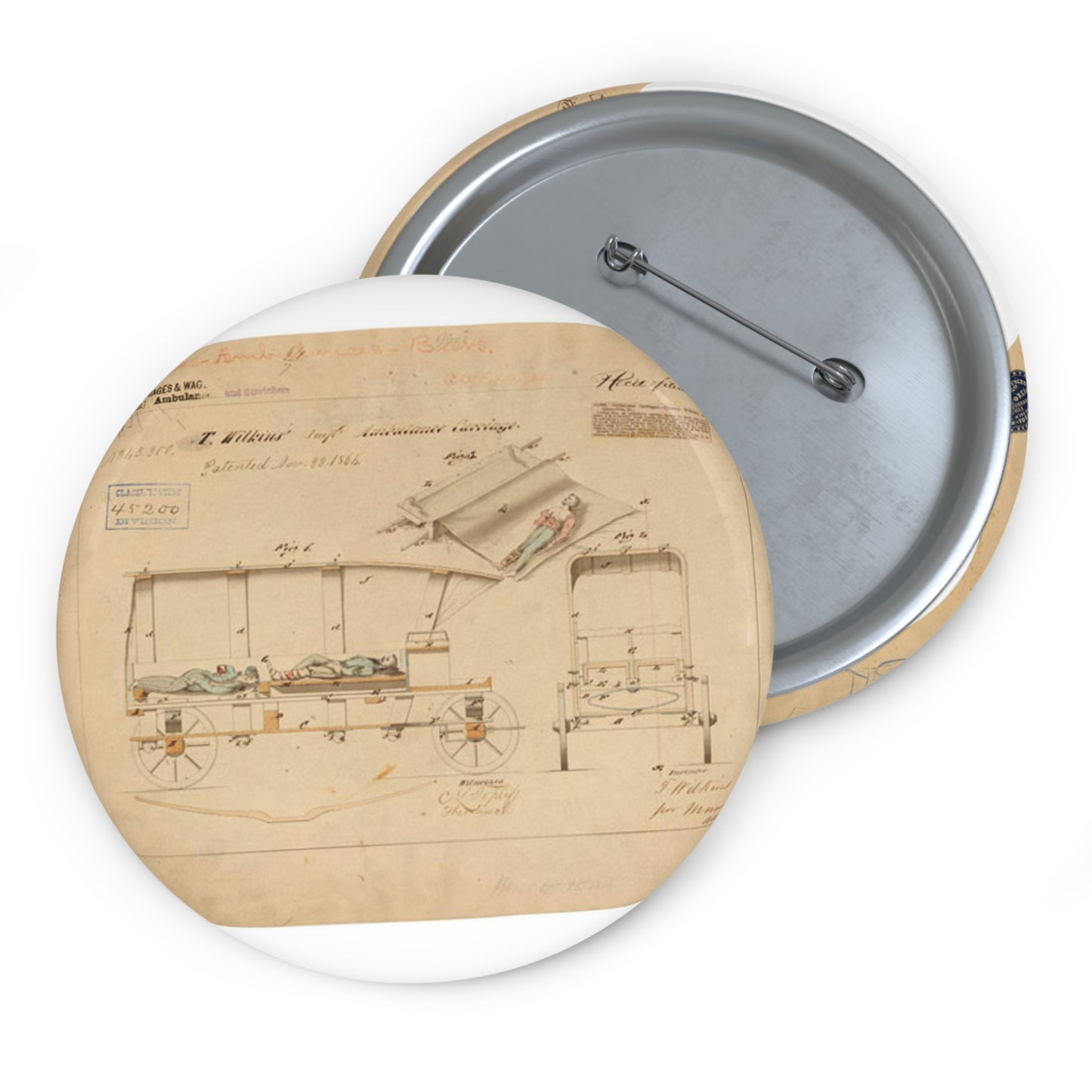 Patent drawing - Drawing of Improved Ambulance Carriage Public domain  image Pin Buttons with Crisp Design