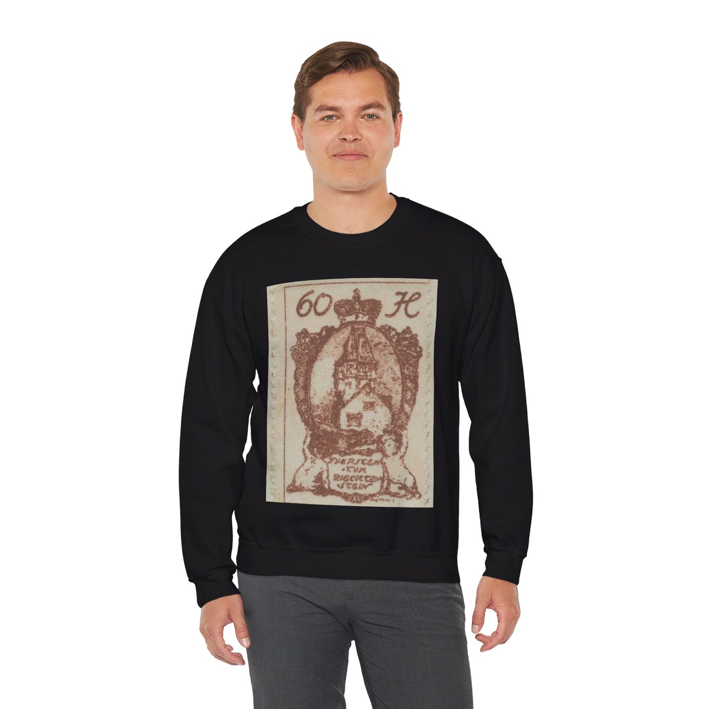 Frimärke ur Gösta Bodmans filatelistiska motivsamling, påbörjad 1950.Frimärke från Liechtenstein, 1920. Motiv av Röda Tornet i Vaduz. Black Heavy Blend Adult Crew Neck SweatShirt