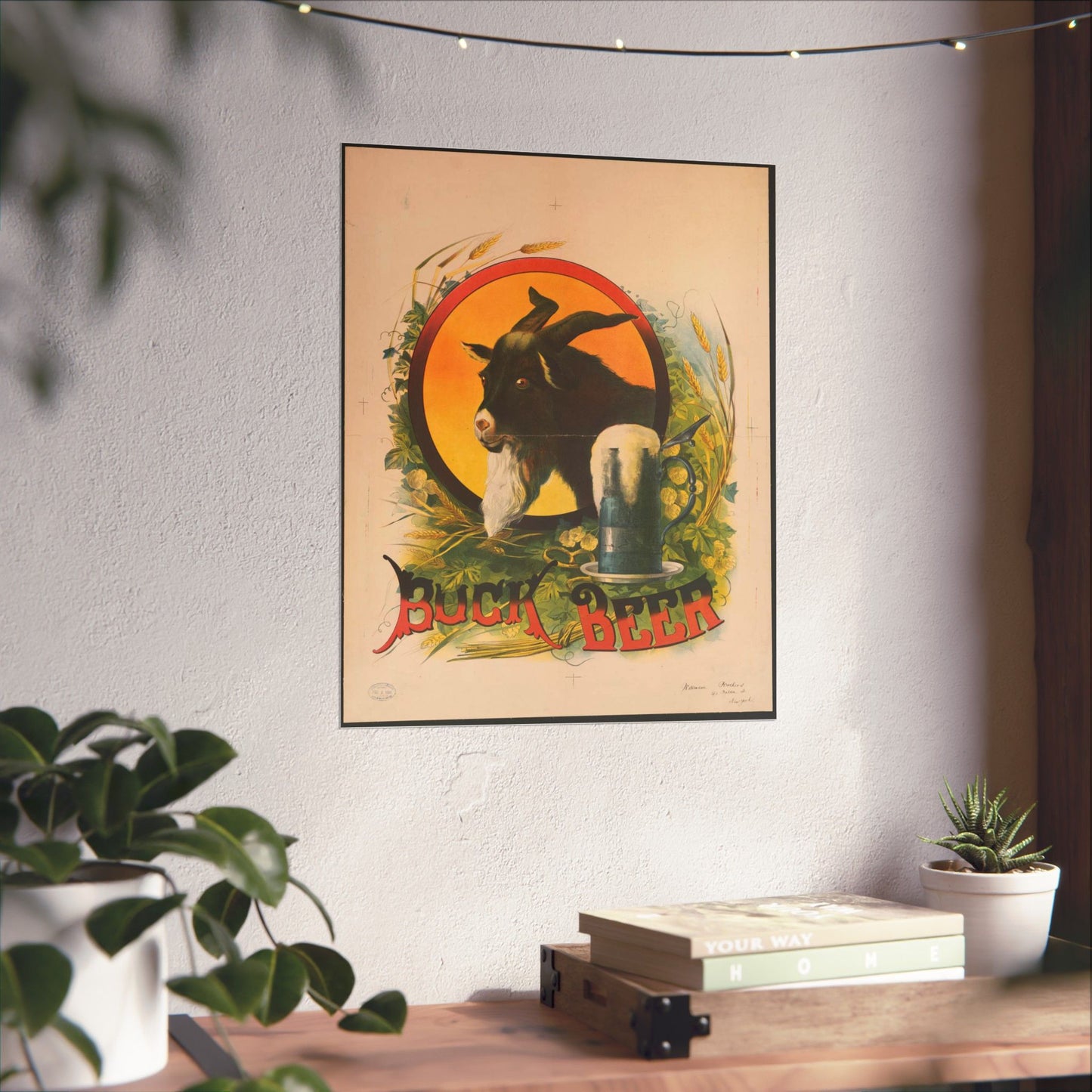 Bock Beer, the head of a goat inside an oval, with a stein of beer sitting on a bed of hops, underneath the oval High Quality Matte Wall Art Poster for Home, Office, Classroom