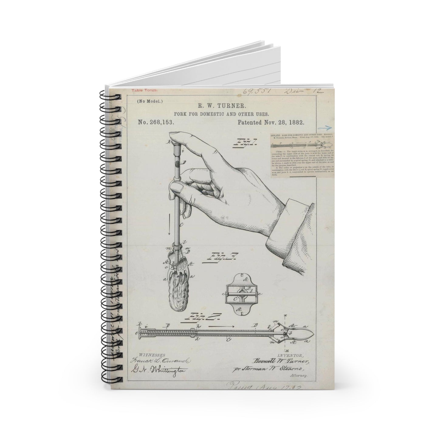 Patent drawing - for R. W. Turner's Fork for Domestic and Other Uses Public domain  image Spiral Bound Ruled Notebook with Printed Cover