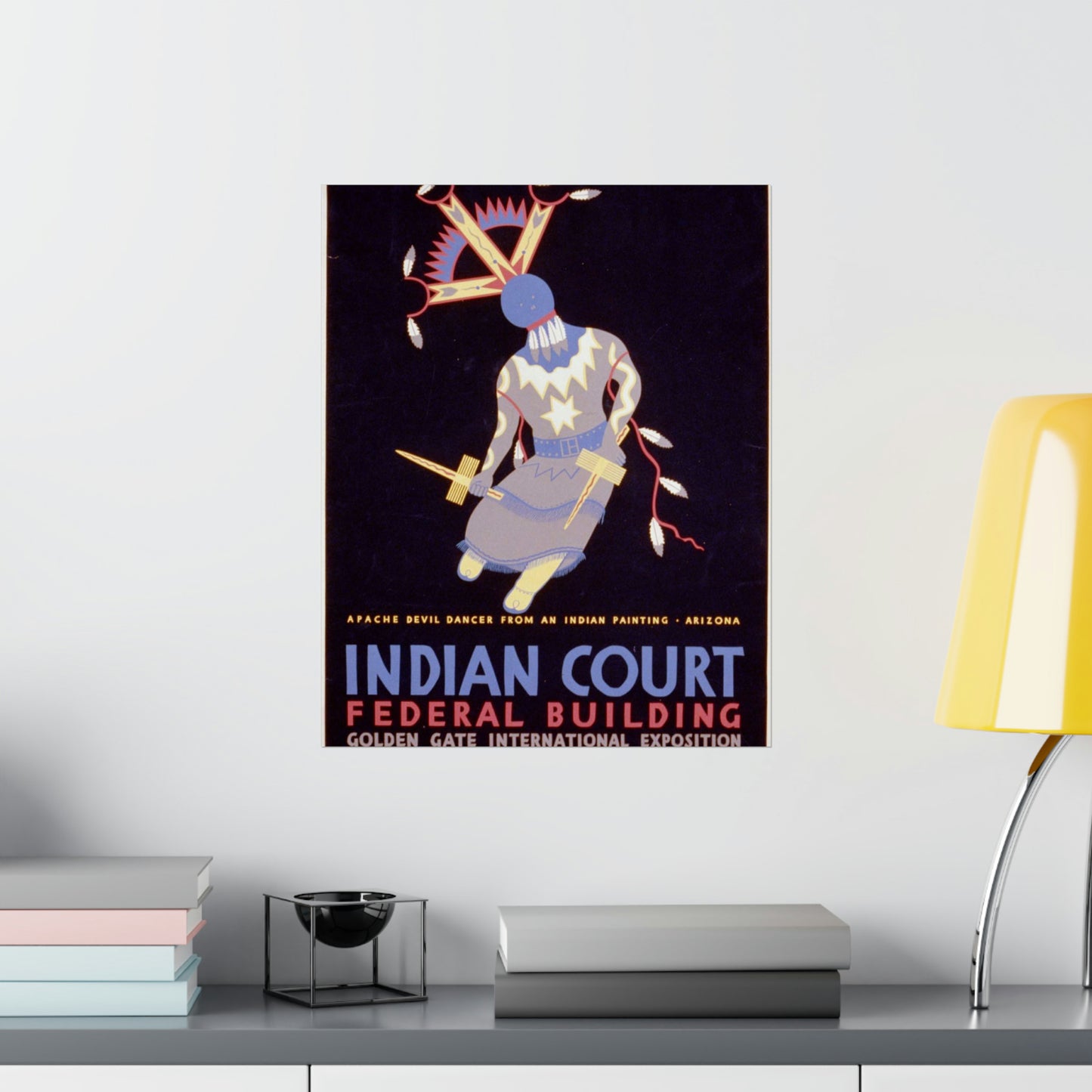 Indian court, Federal Building, Golden Gate International Exposition, San Francisco, 1939 Apache devil dancer from an Indian painting, Arizona / / Siegriest. High Quality Matte Wall Art Poster for Home, Office, Classroom