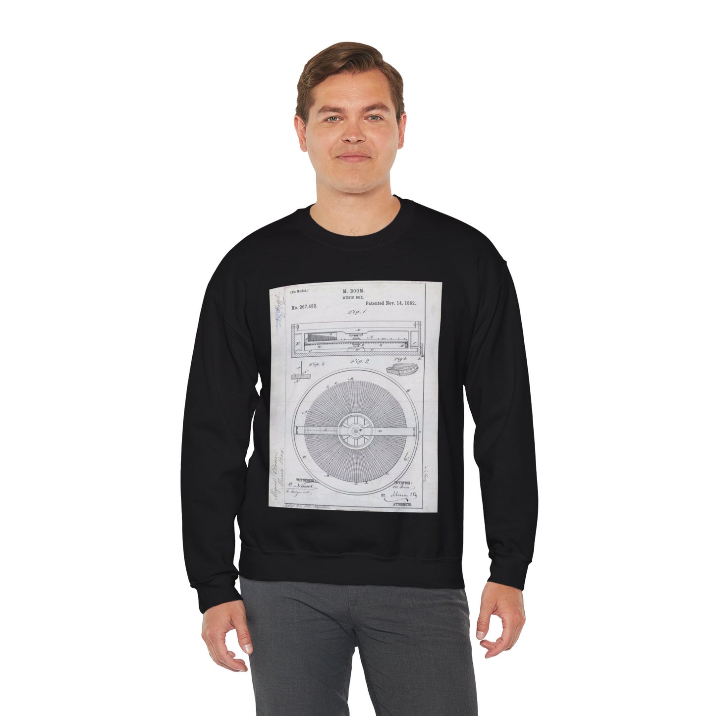 Patent Drawing of Engine - for M. Boom's Music Box Public domain  image Black Heavy Blend Adult Crew Neck SweatShirt