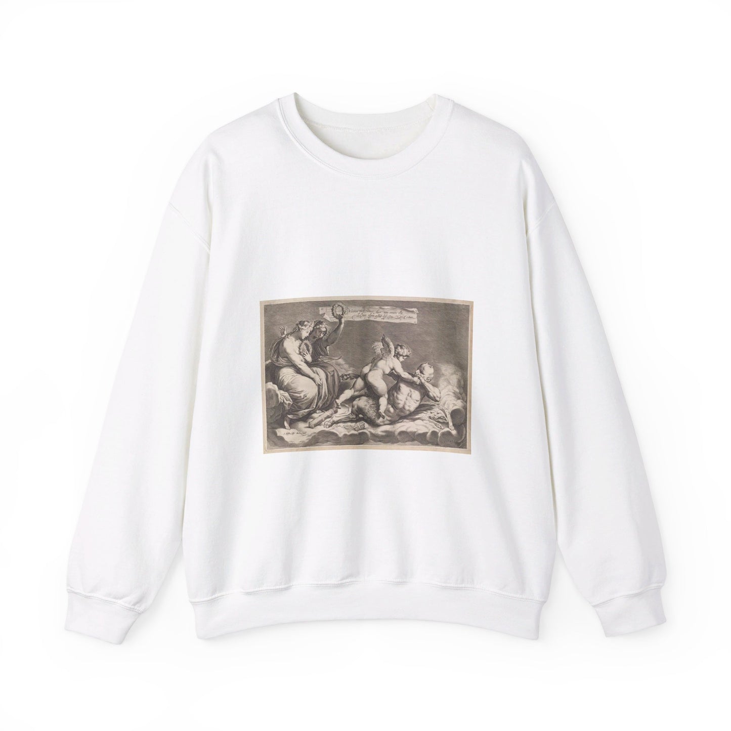 Cupid wrestling with Pan, amongst the clouds, with two allegorical women seated at left White Heavy Blend Adult Crew Neck SweatShirt