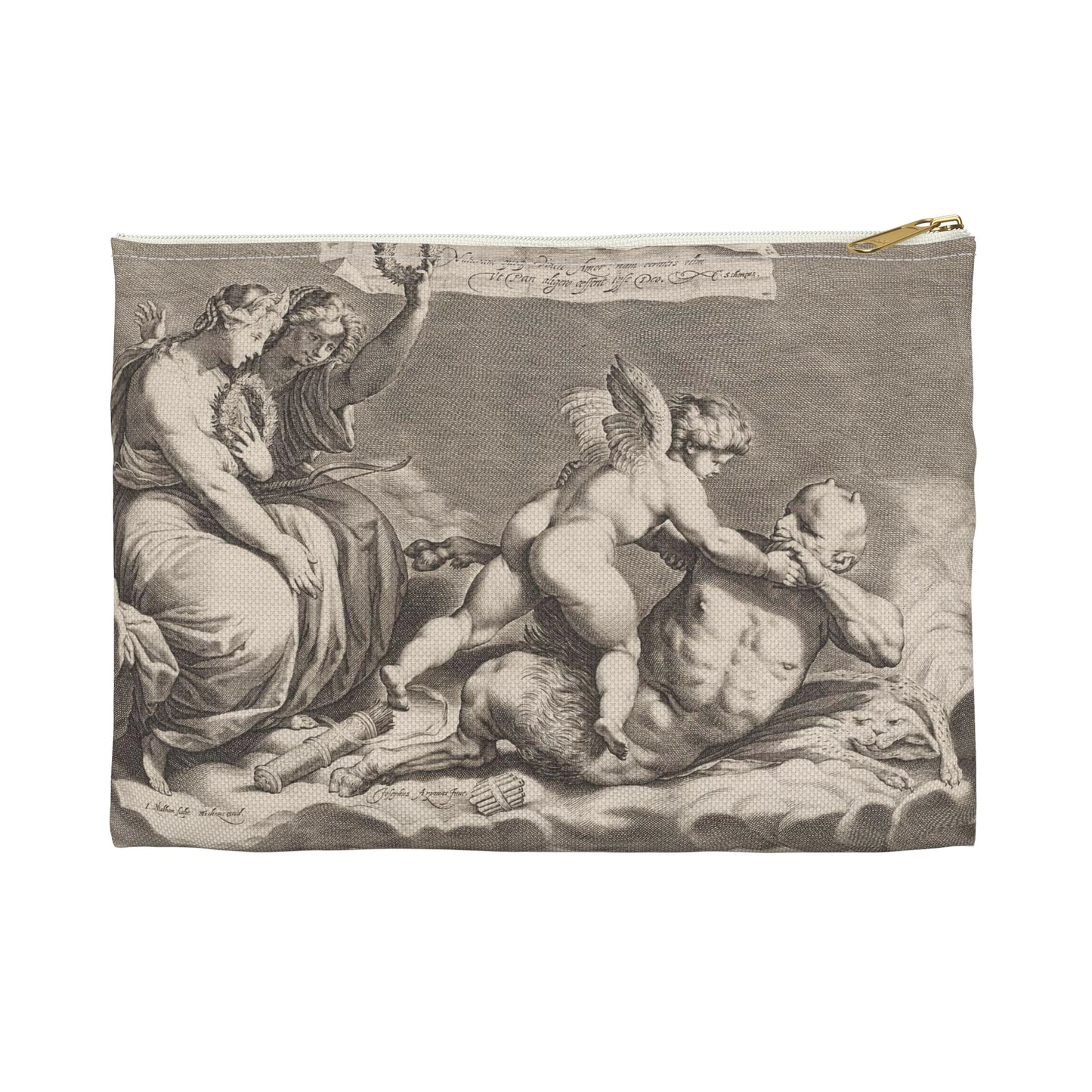 Cupid wrestling with Pan, amongst the clouds, with two allegorical women seated at left Large Organizer Pouch with Black Zipper