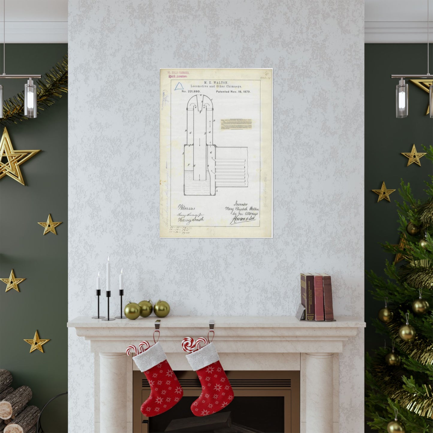 Patent Drawing of Engine - for M. E. Walton's Locomotive and Other Chimneys Public domain  image High Quality Matte Wall Art Poster for Home, Office, Classroom