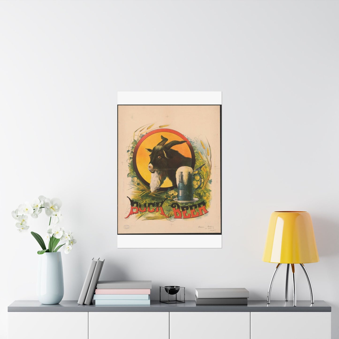 Bock Beer, the head of a goat inside an oval, with a stein of beer sitting on a bed of hops, underneath the oval High Quality Matte Wall Art Poster for Home, Office, Classroom