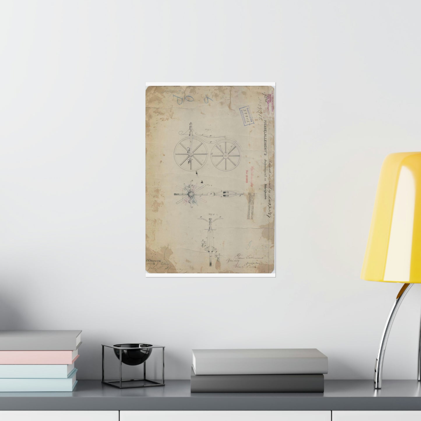 Patent drawing - for Pierre Lallement's Improvement in Velocipedes Public domain  image High Quality Matte Wall Art Poster for Home, Office, Classroom