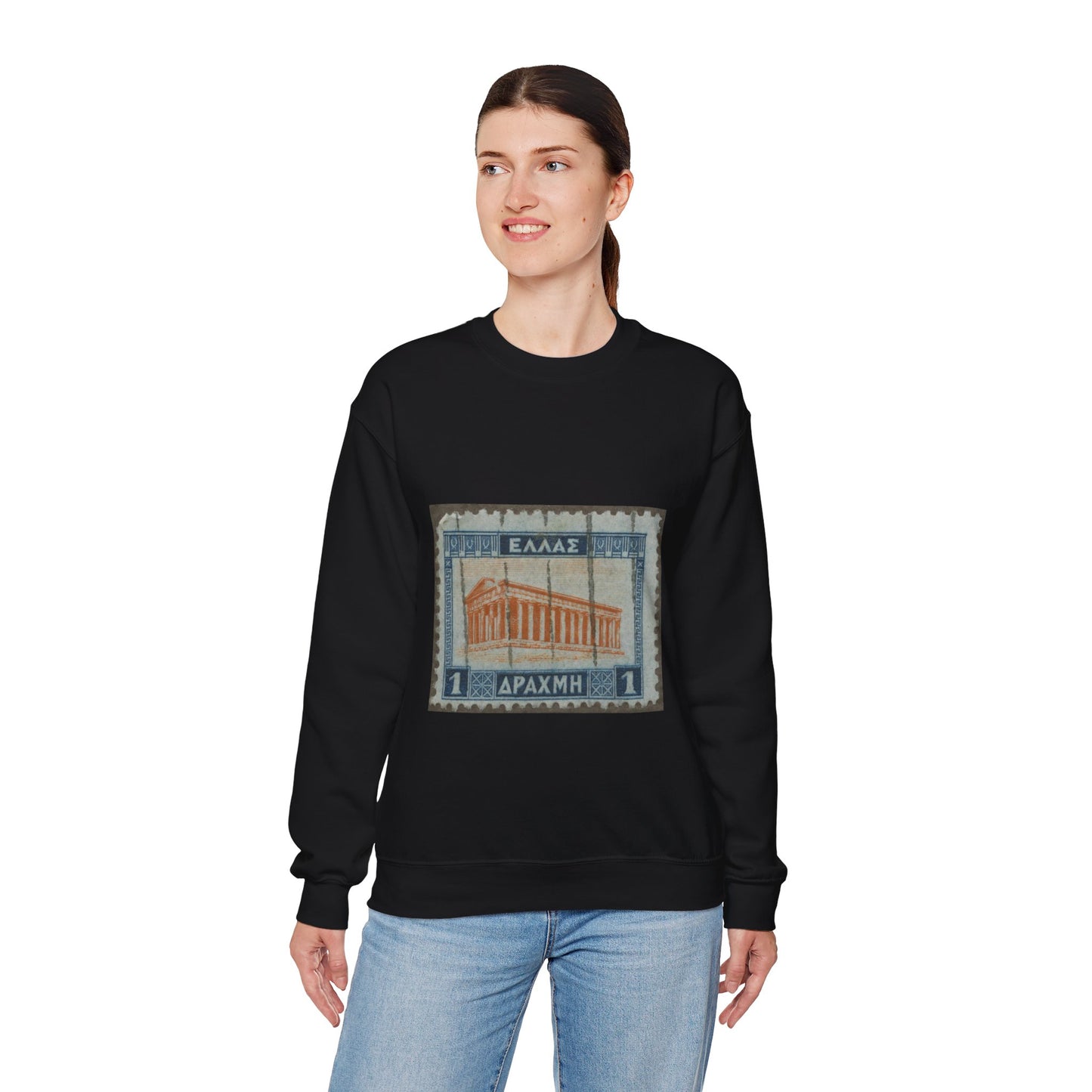 Frimärke ur Gösta Bodmans filatelistiska motivsamling, påbörjad 1950.Frimärke från Grekland, 1927. Motiv av Theseustemplet i Atèn. Black Heavy Blend Adult Crew Neck SweatShirt