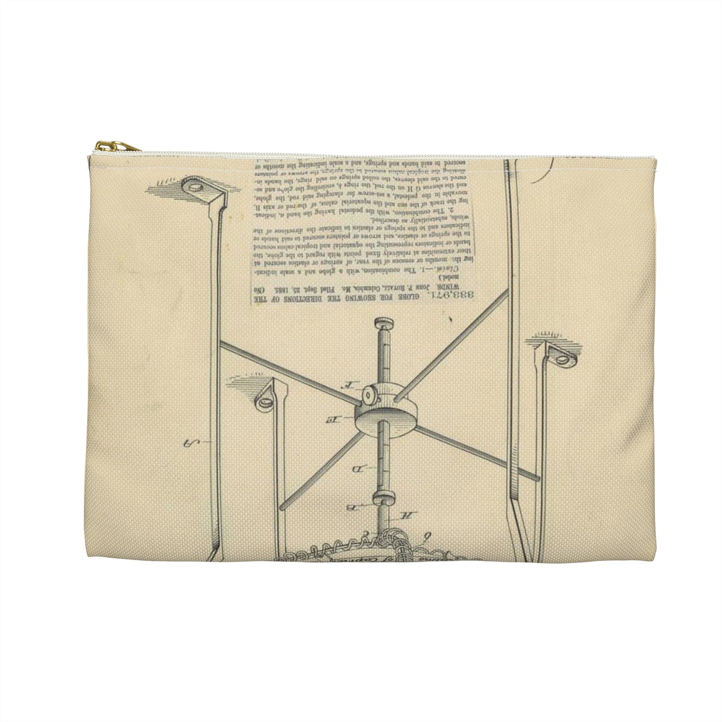 Patent Drawing of Engine - Drawing of a Globe for Showing Direction of the Winds Public domain  image Large Organizer Pouch with Black Zipper