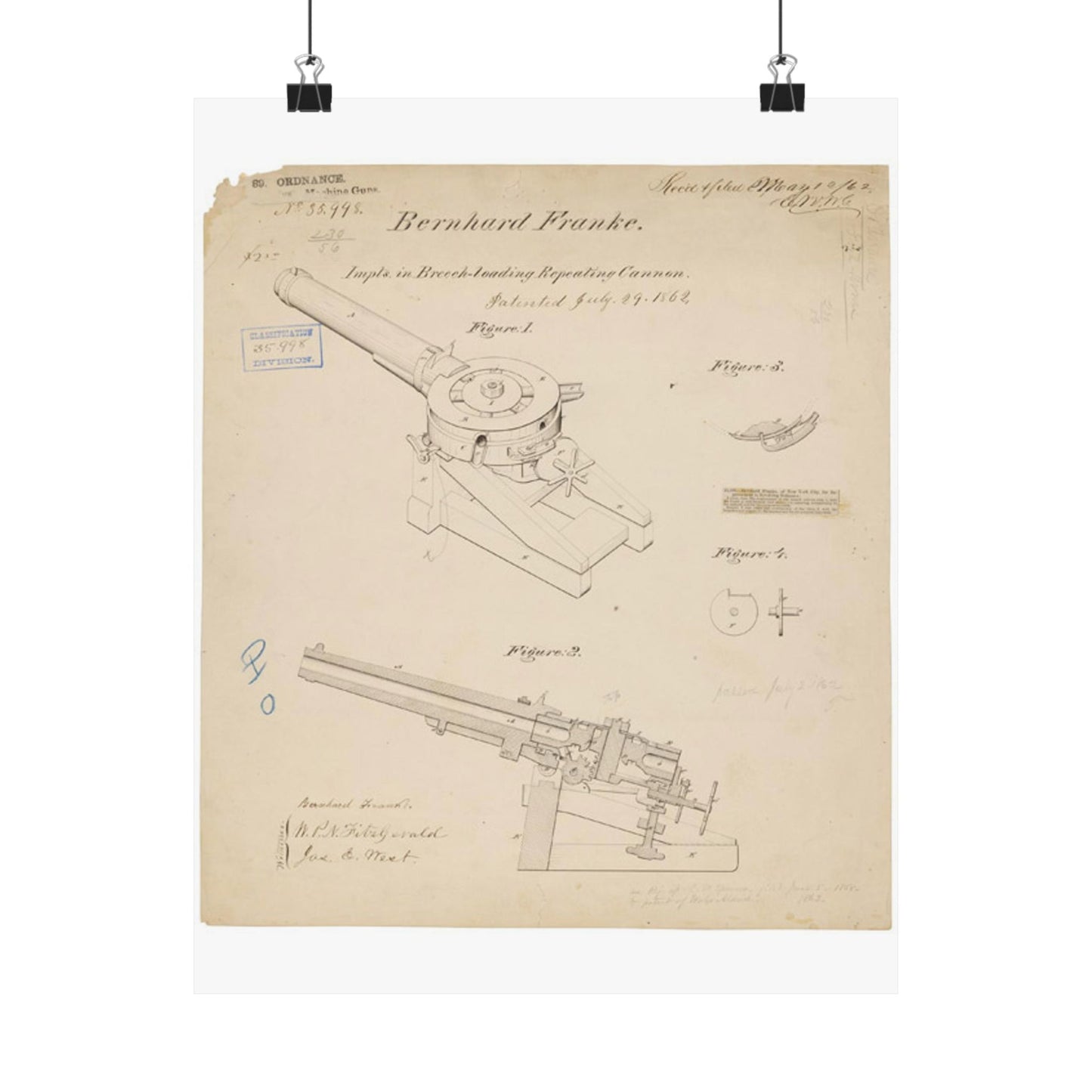 Patent drawing - Drawing of Improvements in Breech-Loading Repeating Cannon Public domain  image High Quality Matte Wall Art Poster for Home, Office, Classroom