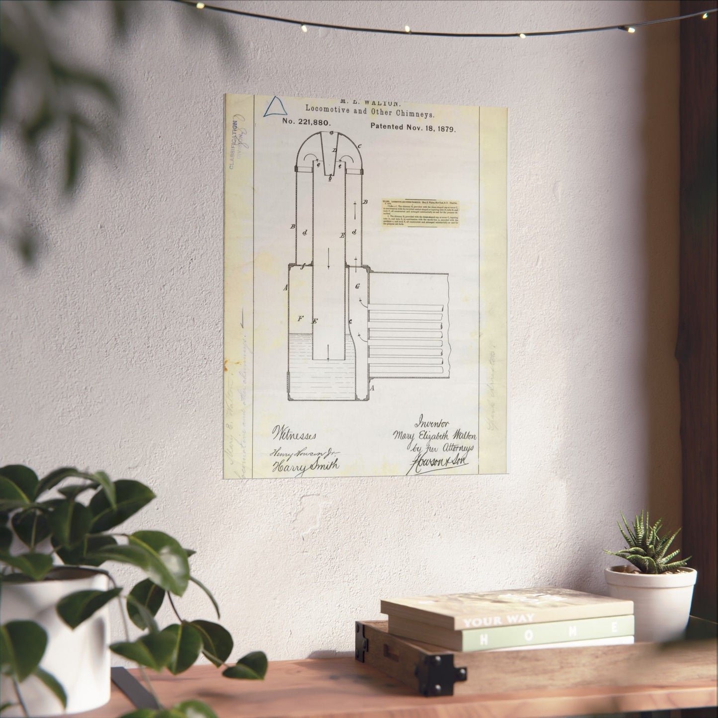 Patent Drawing of Engine - for M. E. Walton's Locomotive and Other Chimneys Public domain  image High Quality Matte Wall Art Poster for Home, Office, Classroom