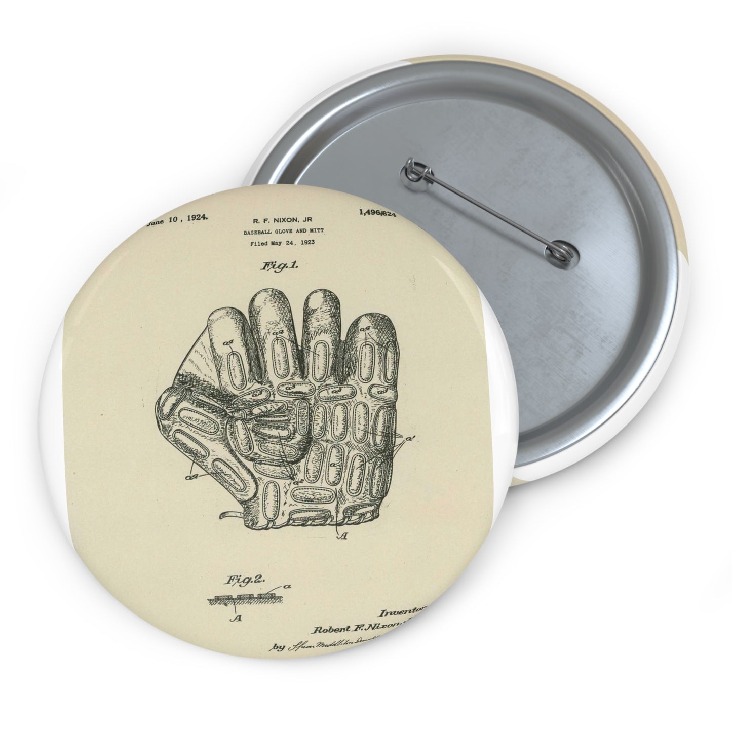 Patent Case File No. 1,496,824, Baseball Gloves and Mitts, Inventor Robert F. Nixon, Jr. - DPLA - c877ba1bb6a83b8db9b12cd02a036de7 (page 12) Pin Buttons with Crisp Design