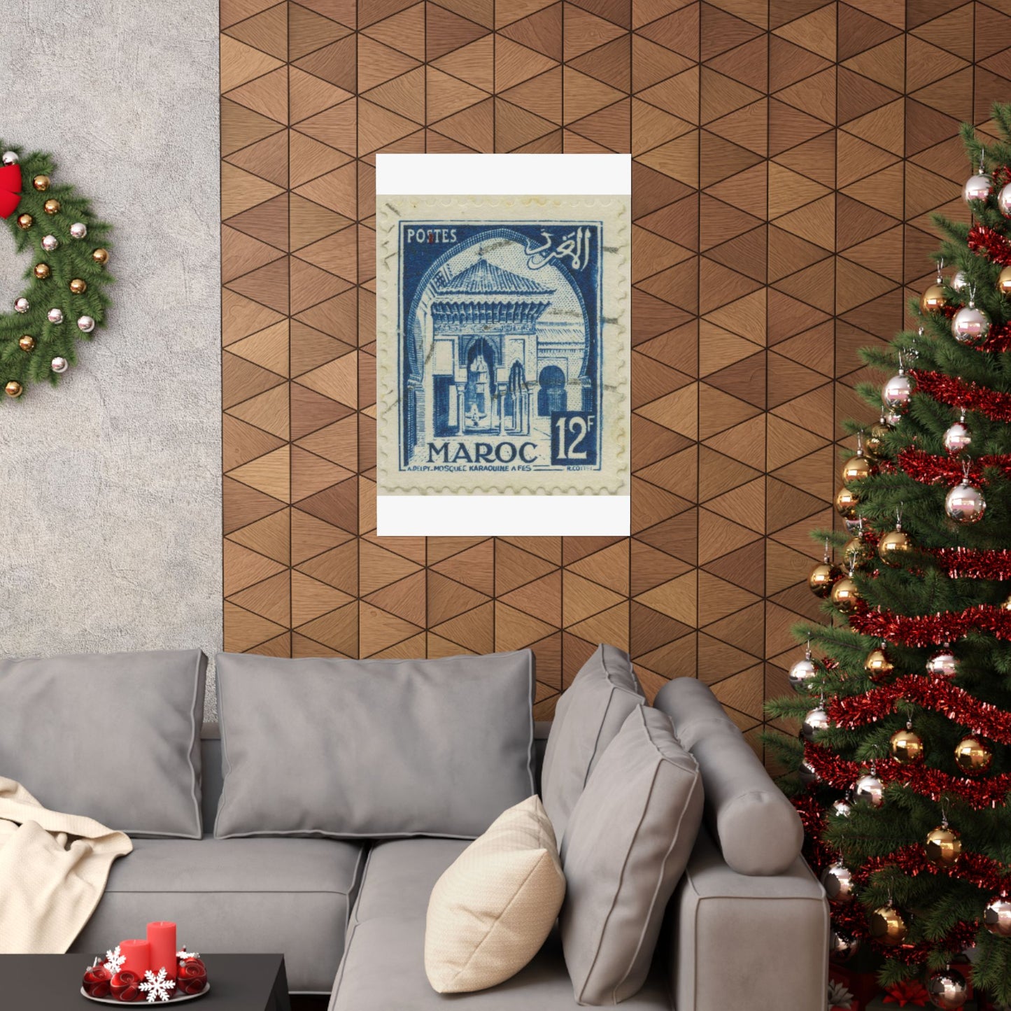 Frimärke ur Gösta Bodmans filatelistiska motivsamling, påbörjad 1950.Frimärke från Franska Marocko, 1951. Motiv av moskéen Karaouin. High Quality Matte Wall Art Poster for Home, Office, Classroom