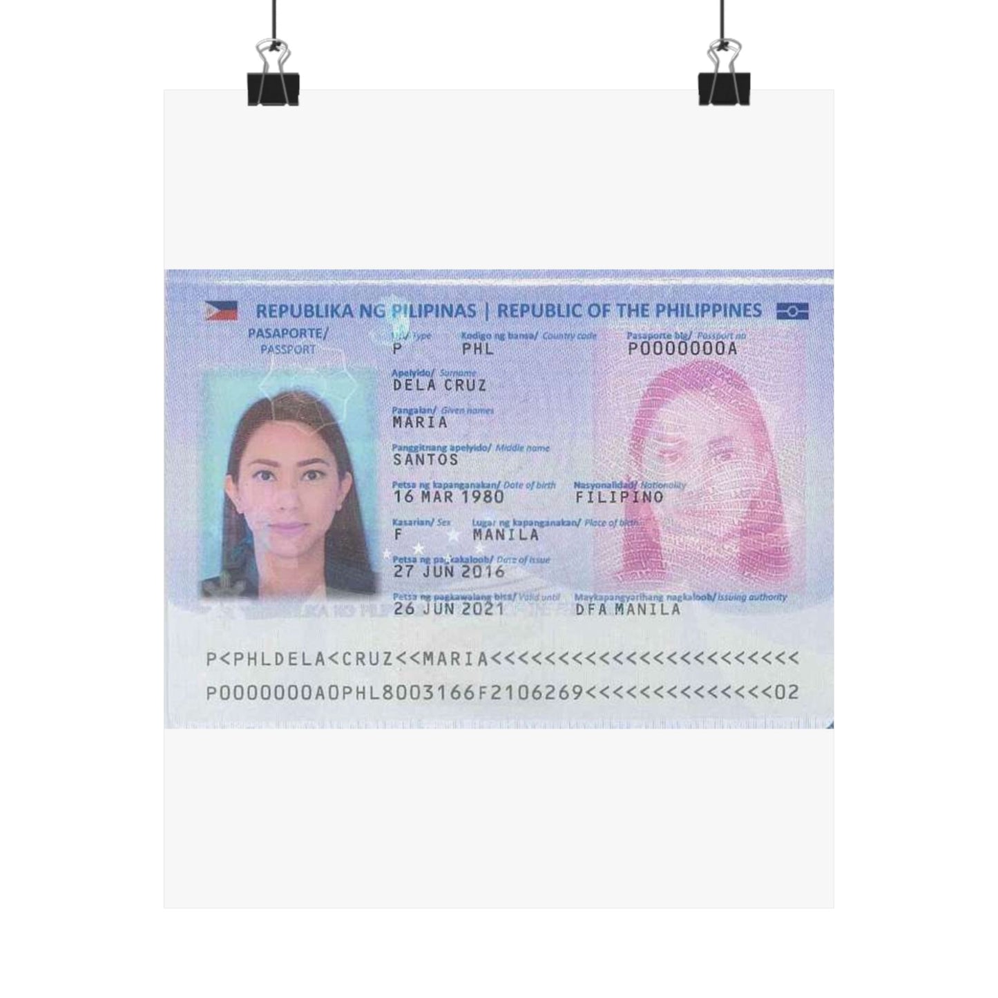 Philippine passport (2016 edition) data page (cropped) High Quality Matte Wall Art Poster for Home, Office, Classroom