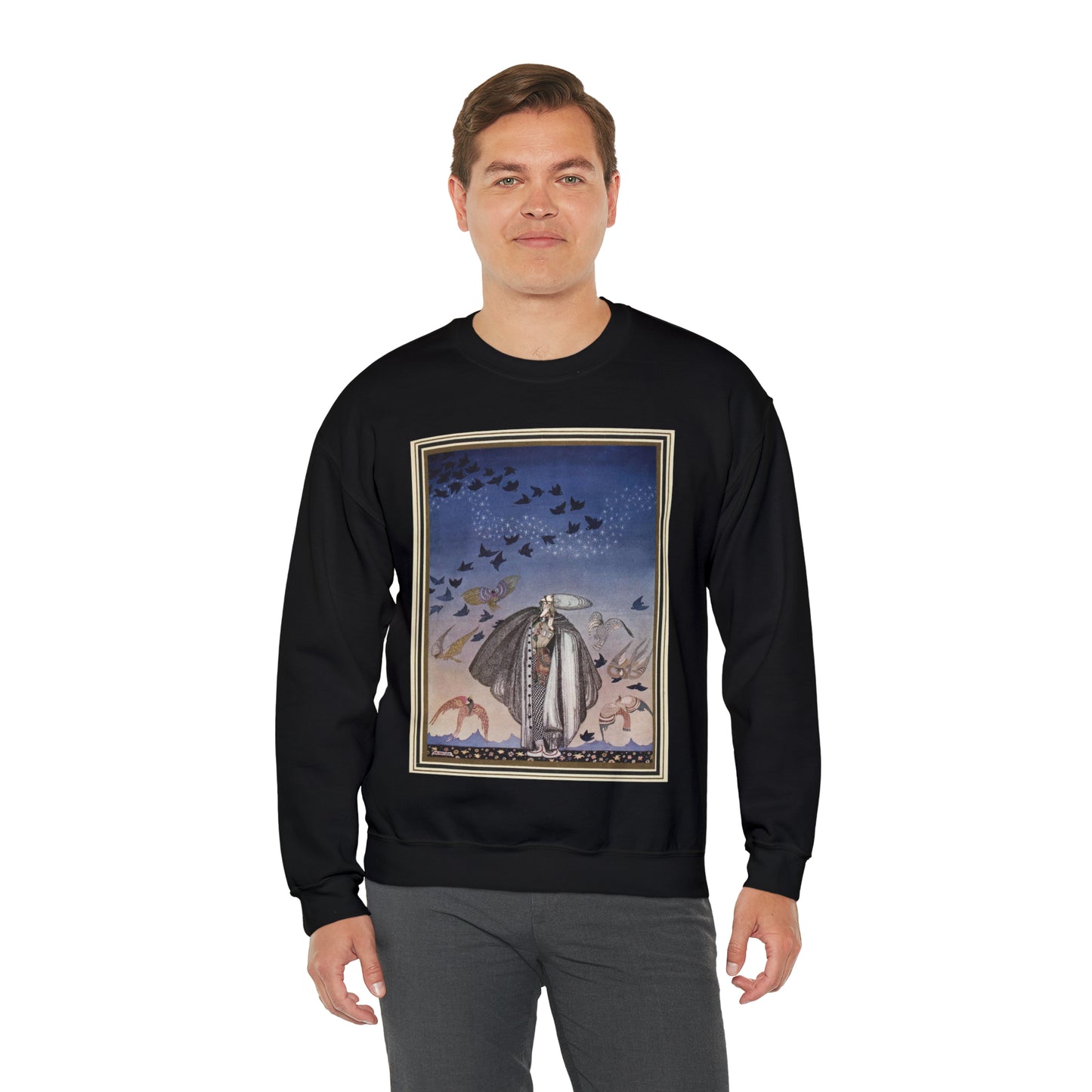 ‘No sooner had he whistled than he heard a whizzing and a whirring from all quarters, and such a large flock of birds swept down that they blackened all the field in which they settled’ (6278219321) Black Heavy Blend Adult Crew Neck SweatShirt