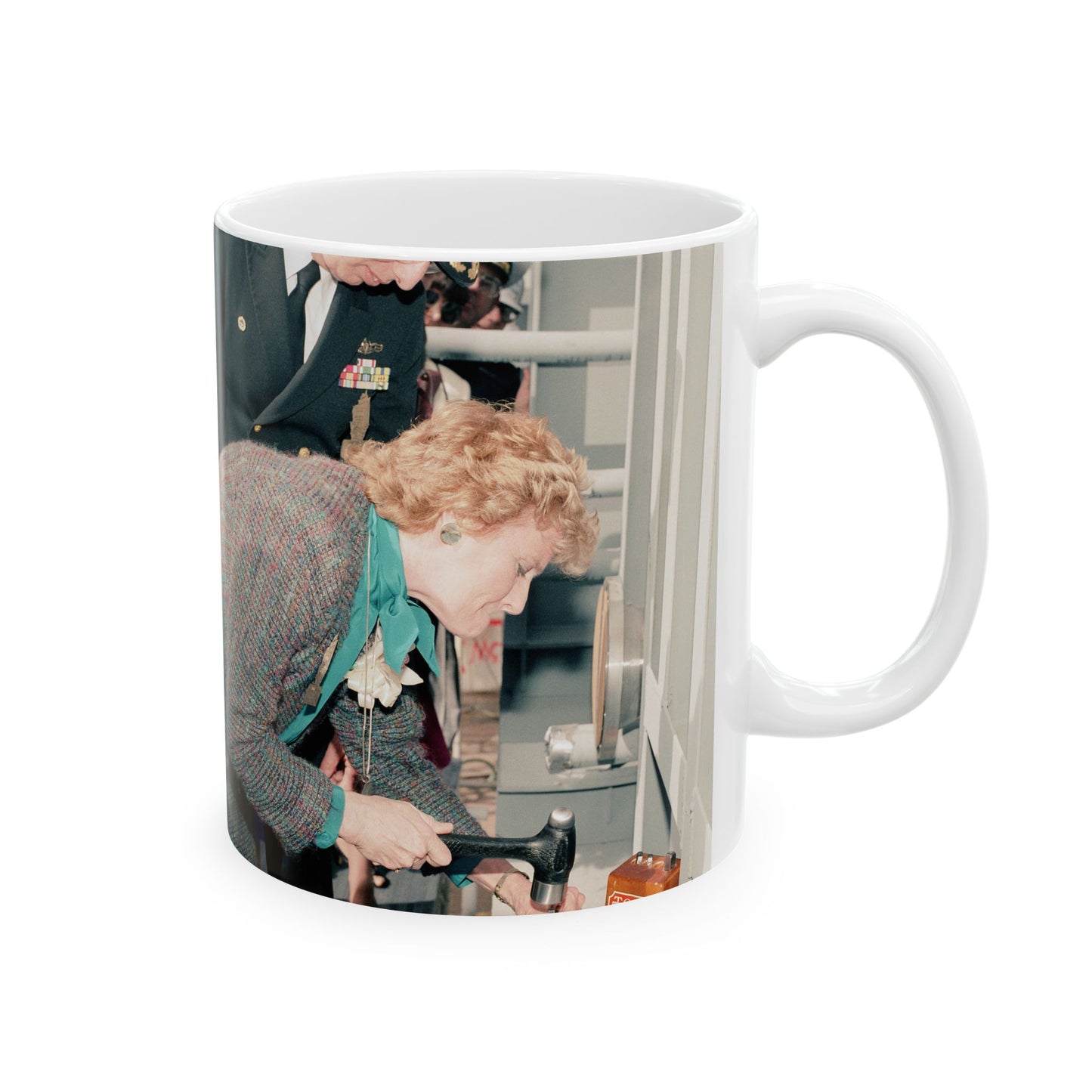 Mrs. E. Meese and Captain (CAPT) R.H. Randall, supervisor of Shipbuilding, Conversion, and Repair, participate in the keel laying of the guided missile frigate Rodney M. Davis (FFG 60) Beautiful Novelty Ceramic Coffee Mug 11oz