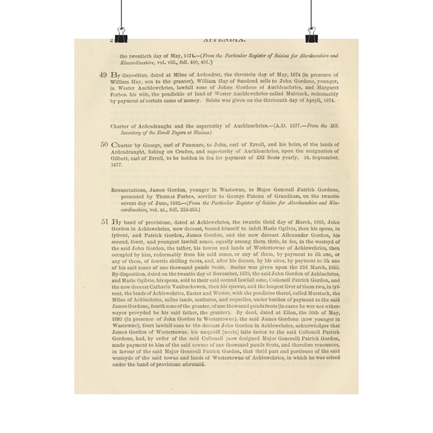 212 APPENDIX.   the twentieth day of May, 1674. — {From the Particular Register of Seisins for Aberdeenshire and  Kincardineshire High Quality Matte Wall Art Poster for Home, Office, Classroom