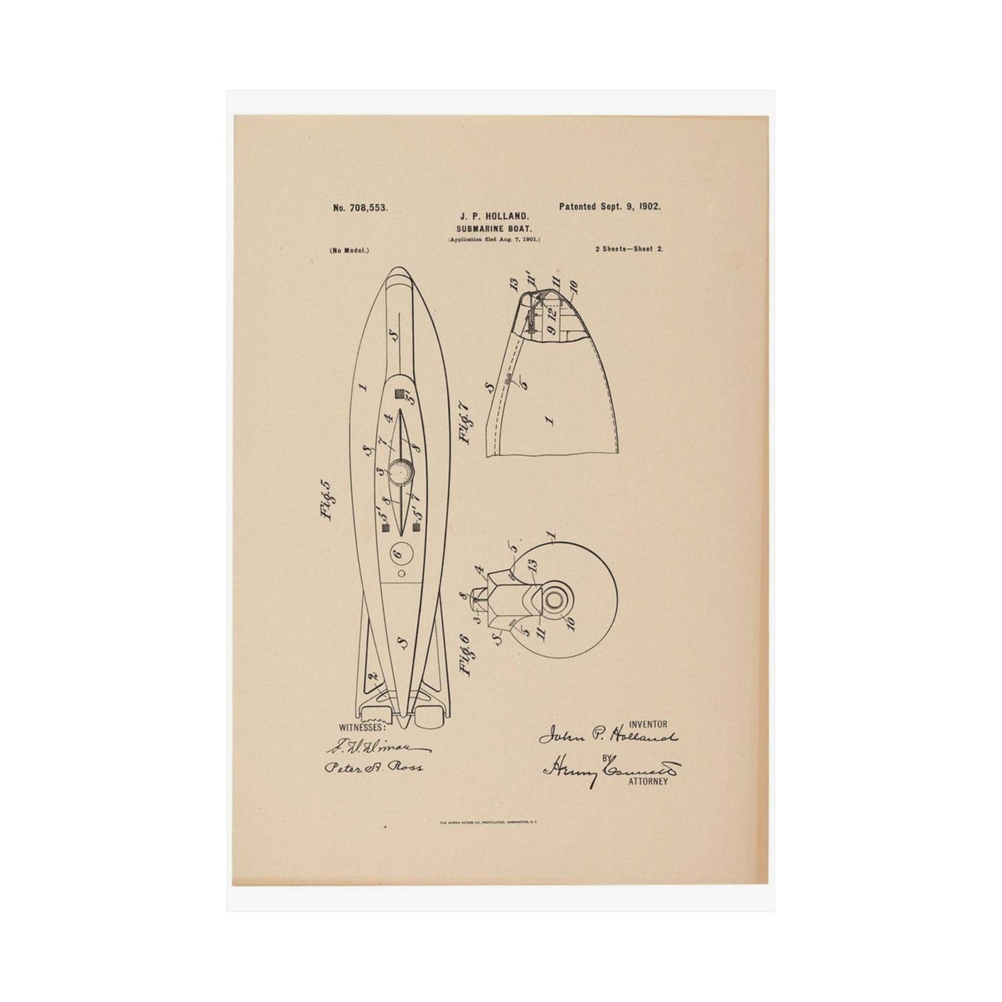 Patent drawing - Drawing for a Submarine Boat Public domain  image High Quality Matte Wall Art Poster for Home, Office, Classroom