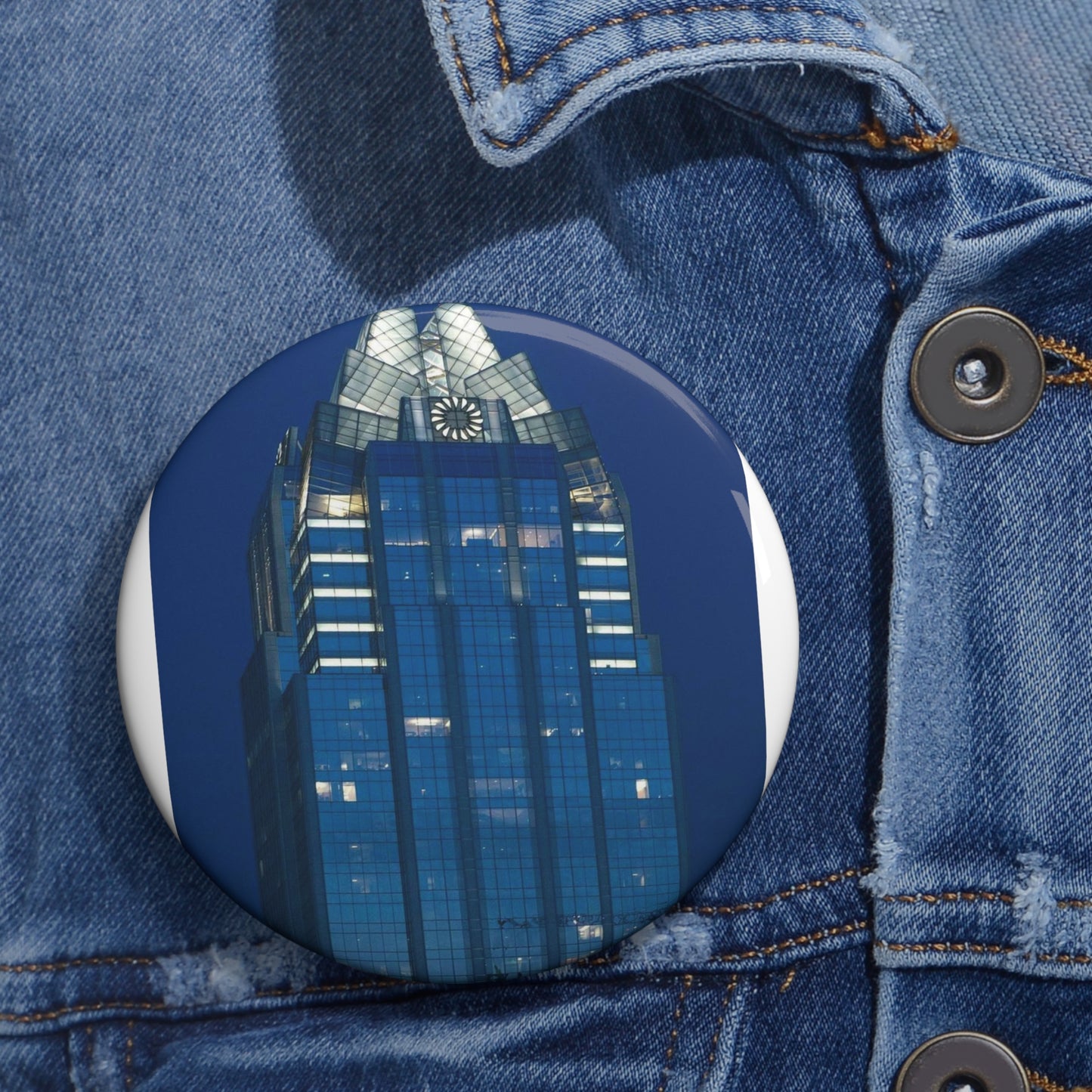 The upper reaches of Frost Bank Tower, a prominent Austin, Texas, skyscraper Pin Buttons with Crisp Design