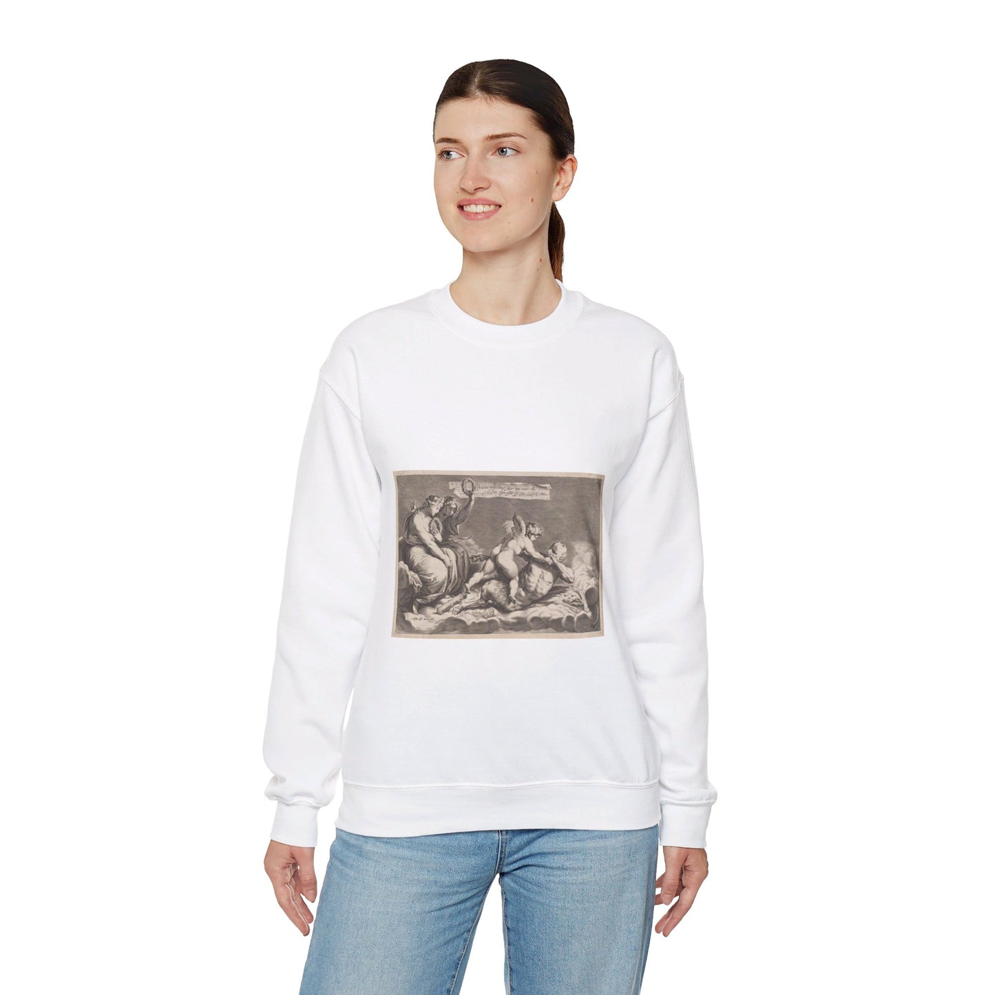 Cupid wrestling with Pan, amongst the clouds, with two allegorical women seated at left White Heavy Blend Adult Crew Neck SweatShirt