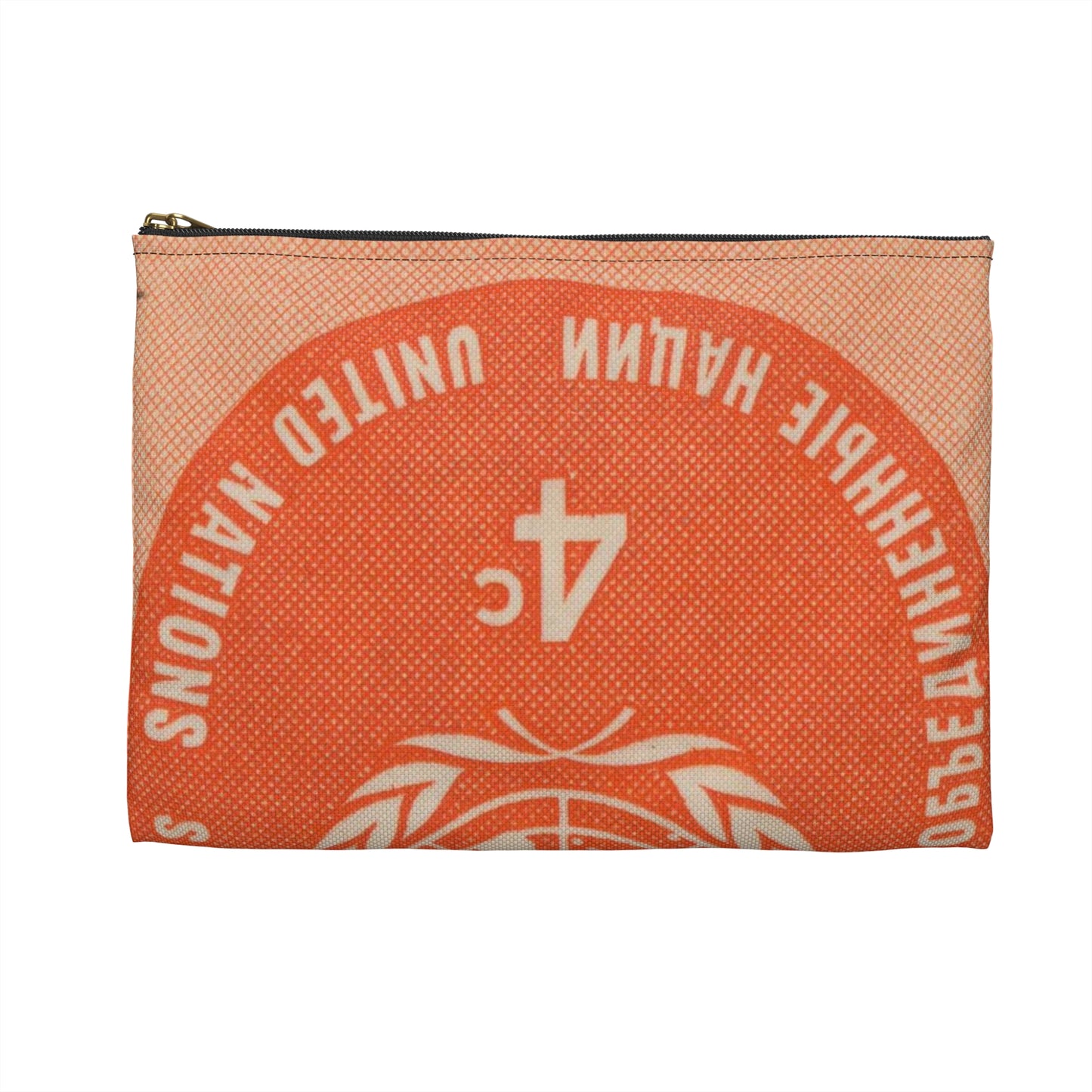 Frimärke ur Gösta Bodmans filatelistiska motivsamling, påbörjad 1950.Frimärke från Nations Unies 1958. Motiv av F. N.- märket. Large Organizer Pouch with Black Zipper