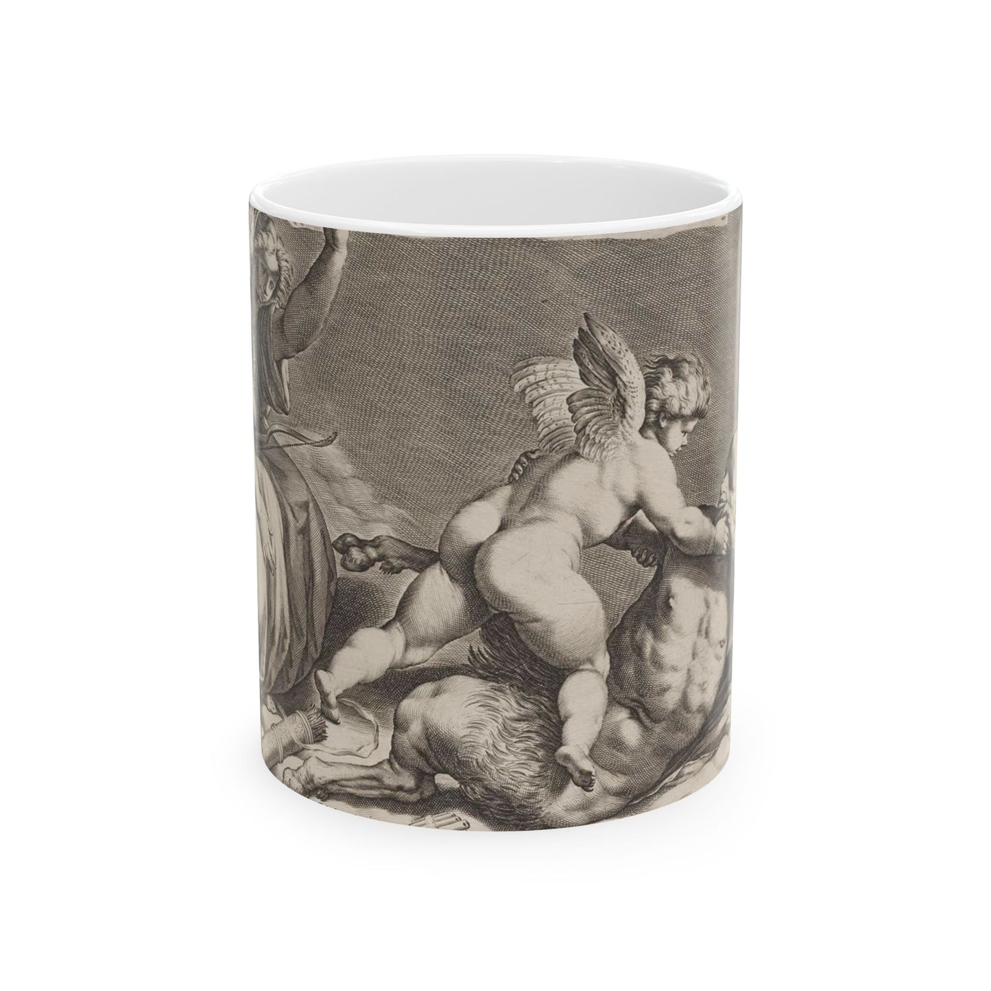 Cupid wrestling with Pan, amongst the clouds, with two allegorical women seated at left Beautiful Novelty Ceramic Coffee Mug 11oz