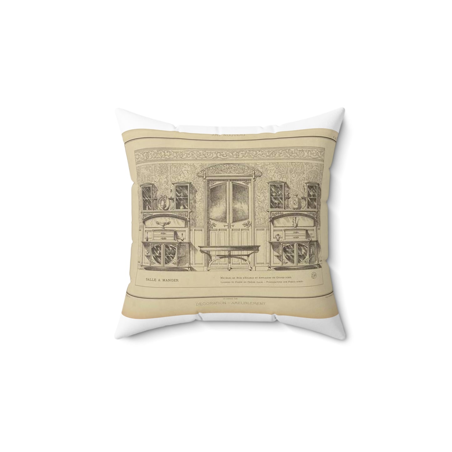 Salle à manger : meubles en bois d'erable et appliques en cuivre doré. Mabris et porte en chêne clair. - Pyrogravure sur fond dorés. Decorative Accent Square Pillow