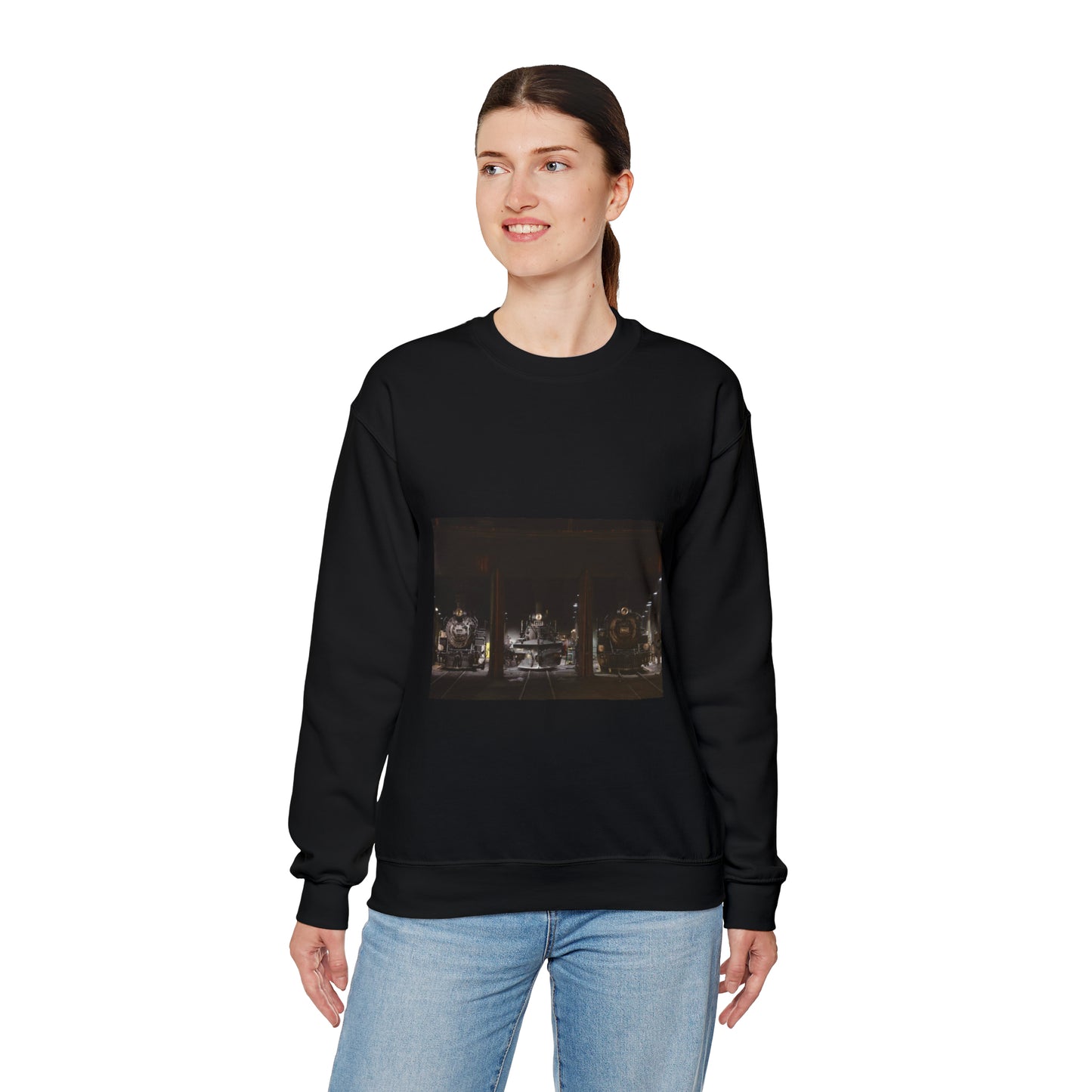 Steam locomotives in the roundhouse of the Durango & Silverton Narrow Gauge Scenic Railroad in Durango, Colorado Black Heavy Blend Adult Crew Neck SweatShirt