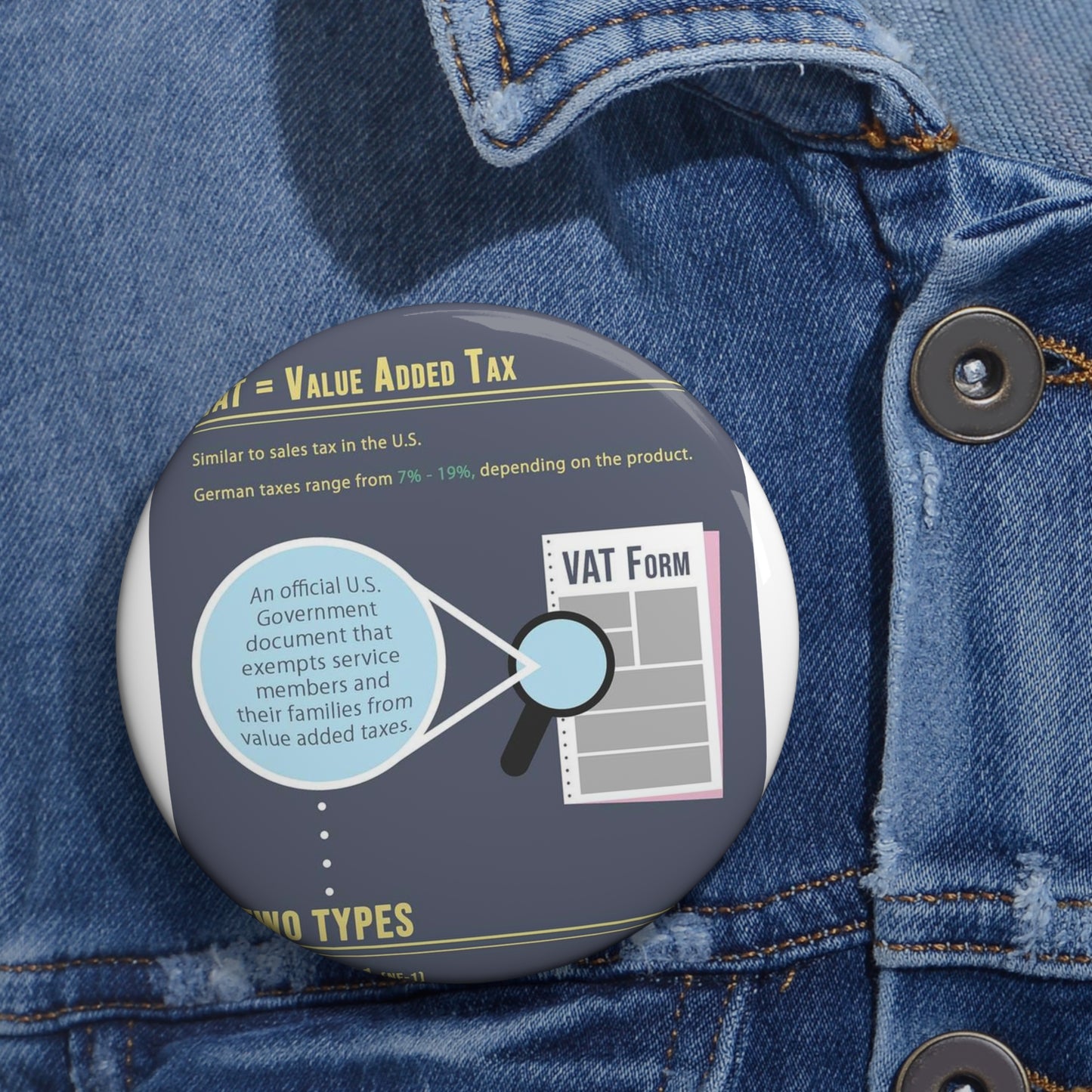 What is VAT? - A poster with a lot of different things on it Pin Buttons with Crisp Design