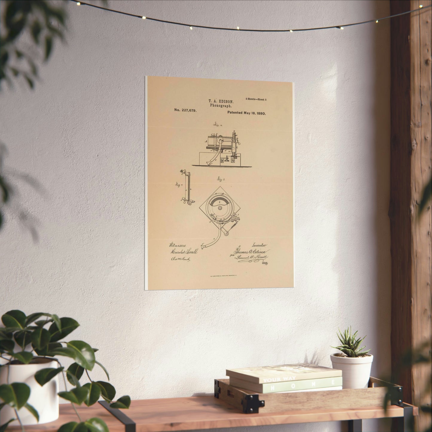 Patent Drawing of Engine - Drawing for a Phonograph Public domain  image High Quality Matte Wall Art Poster for Home, Office, Classroom