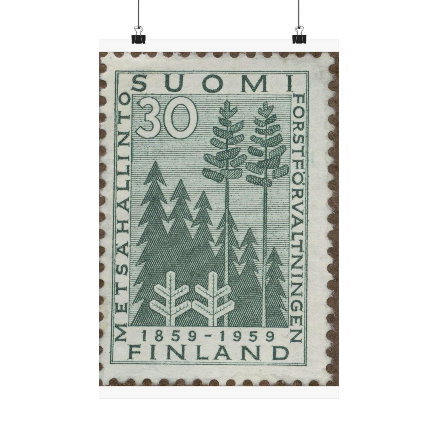 Frimärke ur Gösta Bodmans filatelistiska motivsamling, påbörjad 1950.Frimärke från Finland, 1959. Motiv av stiliserad gran och tall. "Forstförvaltningen 100 år: 1859-1959". High Quality Matte Wall Art Poster for Home, Office, Classroom