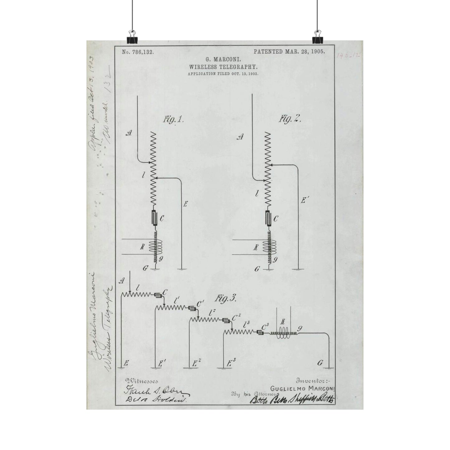 Patent drawing - for G. Marconi's Wireless Telegraphy Public domain  image High Quality Matte Wall Art Poster for Home, Office, Classroom