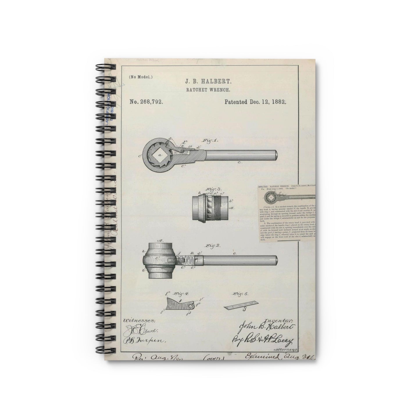 Patent Drawing of Engine - for J. B. Halbert's Ratchet Wrench Public domain  image Spiral Bound Ruled Notebook with Printed Cover