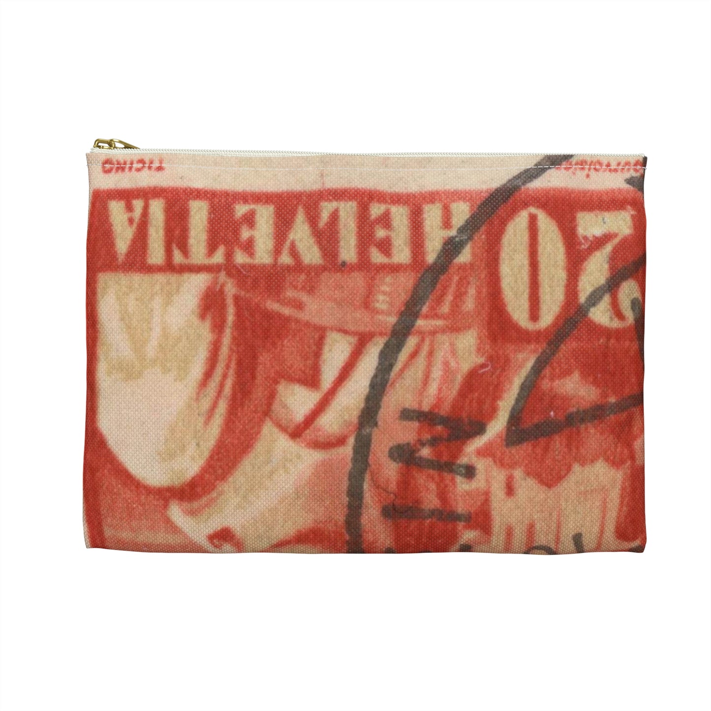 Frimärke ur Gösta Bodmans filatelistiska motivsamling, påbörjad 1950.Frimärke från Schweiz, 1933. Motiv av kvinnodräkt, Tessin. Large Organizer Pouch with Black Zipper