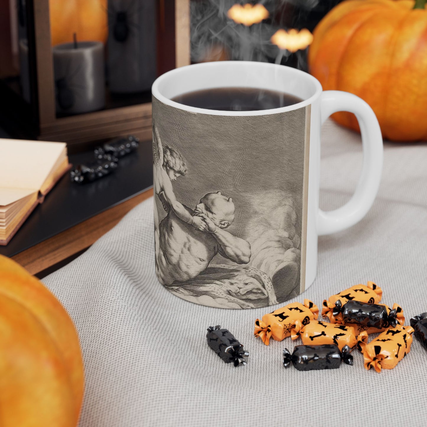 Cupid wrestling with Pan, amongst the clouds, with two allegorical women seated at left Beautiful Novelty Ceramic Coffee Mug 11oz