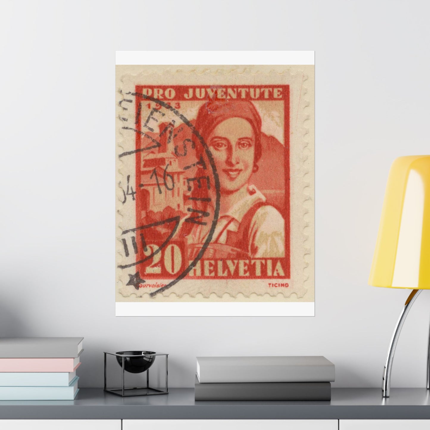 Frimärke ur Gösta Bodmans filatelistiska motivsamling, påbörjad 1950.Frimärke från Schweiz, 1933. Motiv av kvinnodräkt, Tessin. High Quality Matte Wall Art Poster for Home, Office, Classroom