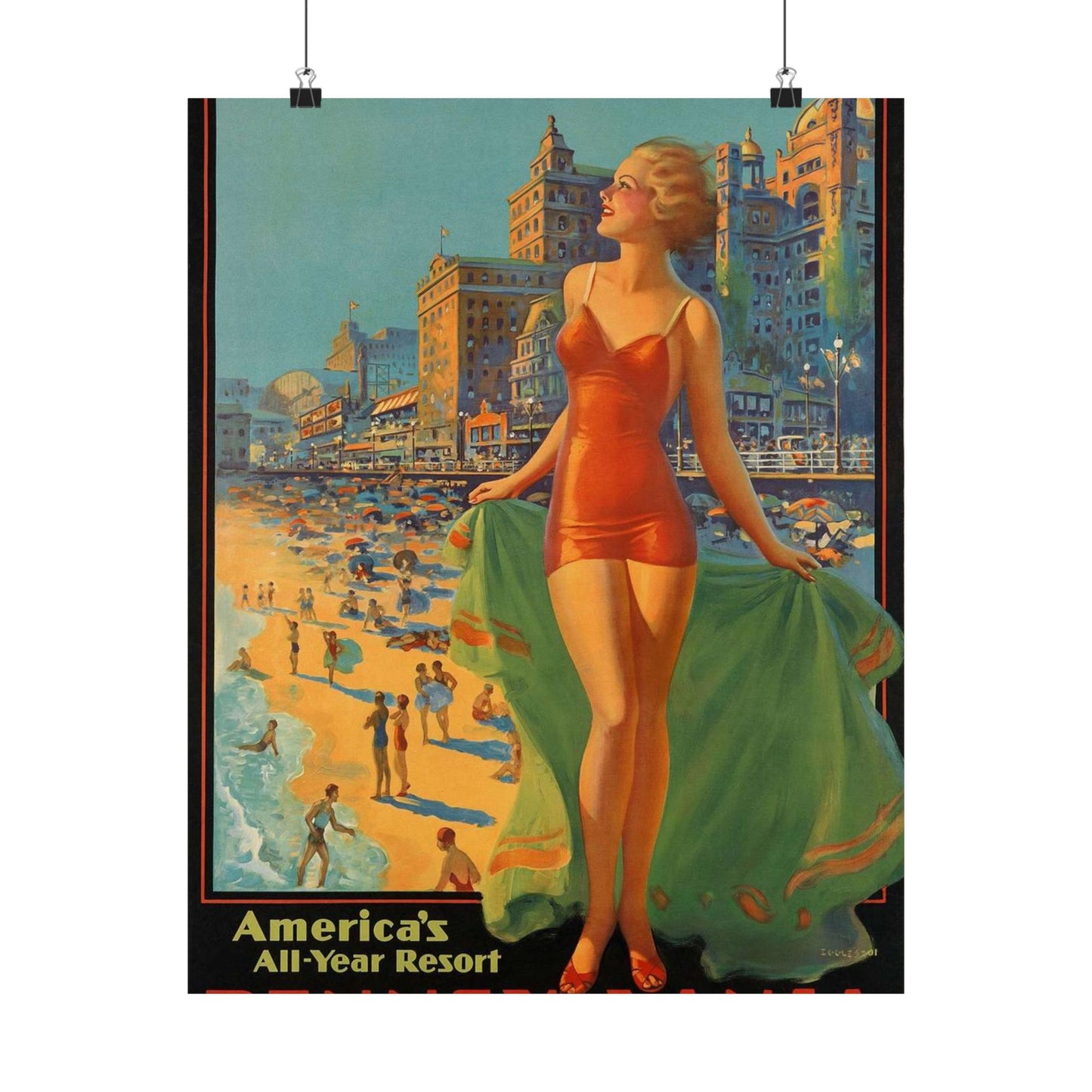 Atlantic City— America’s All-Year Resort, Pennsylvania Railroad, painting by Edward Mason Eggleston High Quality Matte Wall Art Poster for Home, Office, Classroom