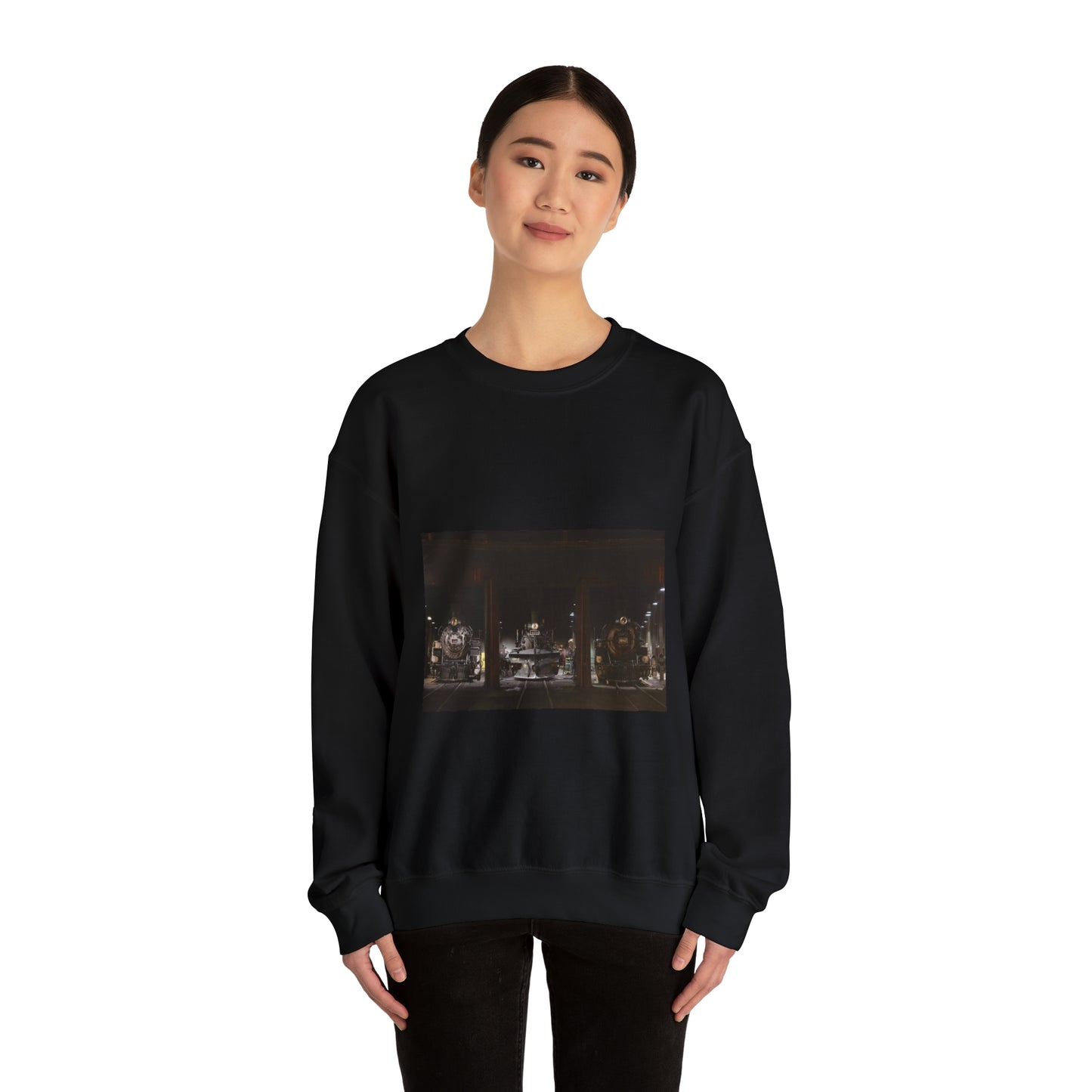 Steam locomotives in the roundhouse of the Durango & Silverton Narrow Gauge Scenic Railroad in Durango, Colorado Black Heavy Blend Adult Crew Neck SweatShirt