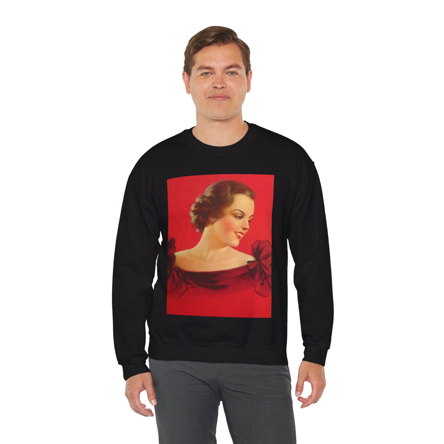 Brunette girl head, red background, painting by Edward Mason Eggleston Black Heavy Blend Adult Crew Neck SweatShirt