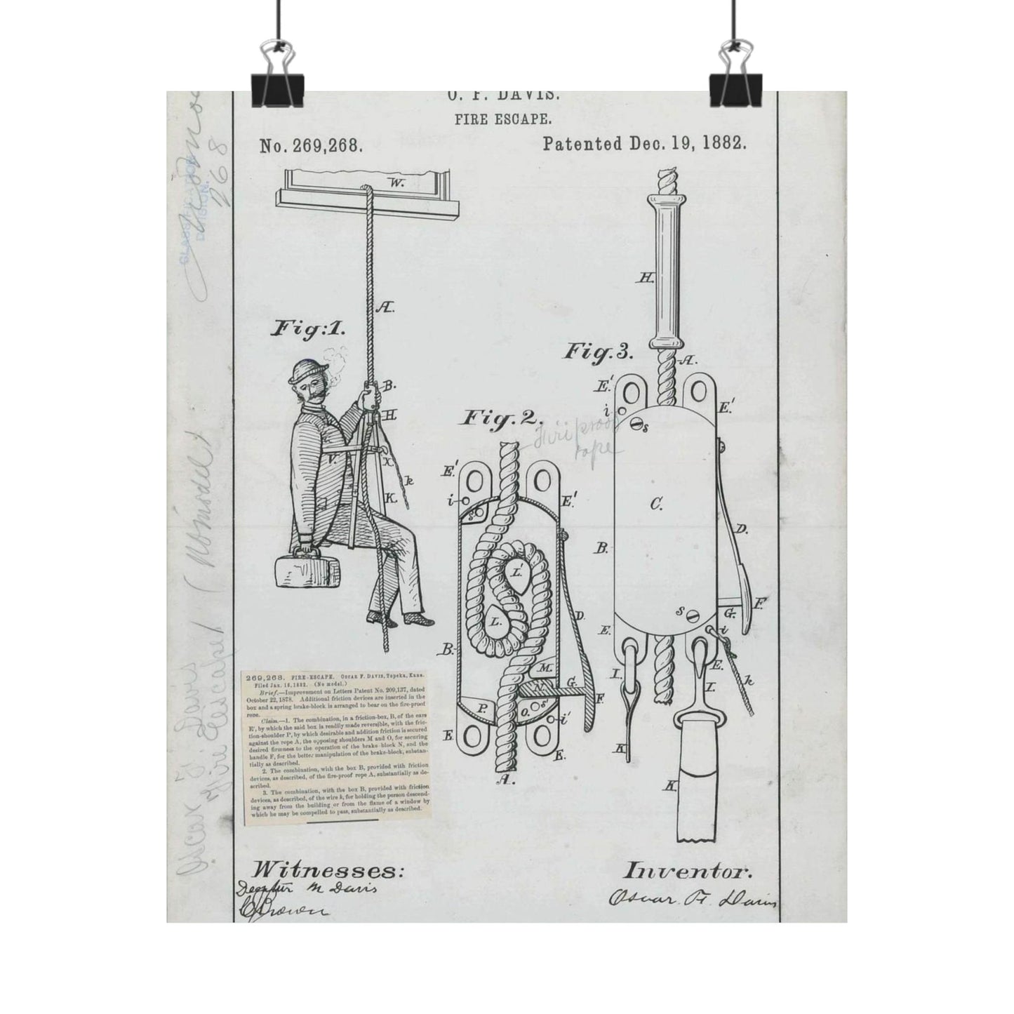 Patent Drawing of Engine - for O. F. Davis' Fire Escape Public domain  image High Quality Matte Wall Art Poster for Home, Office, Classroom