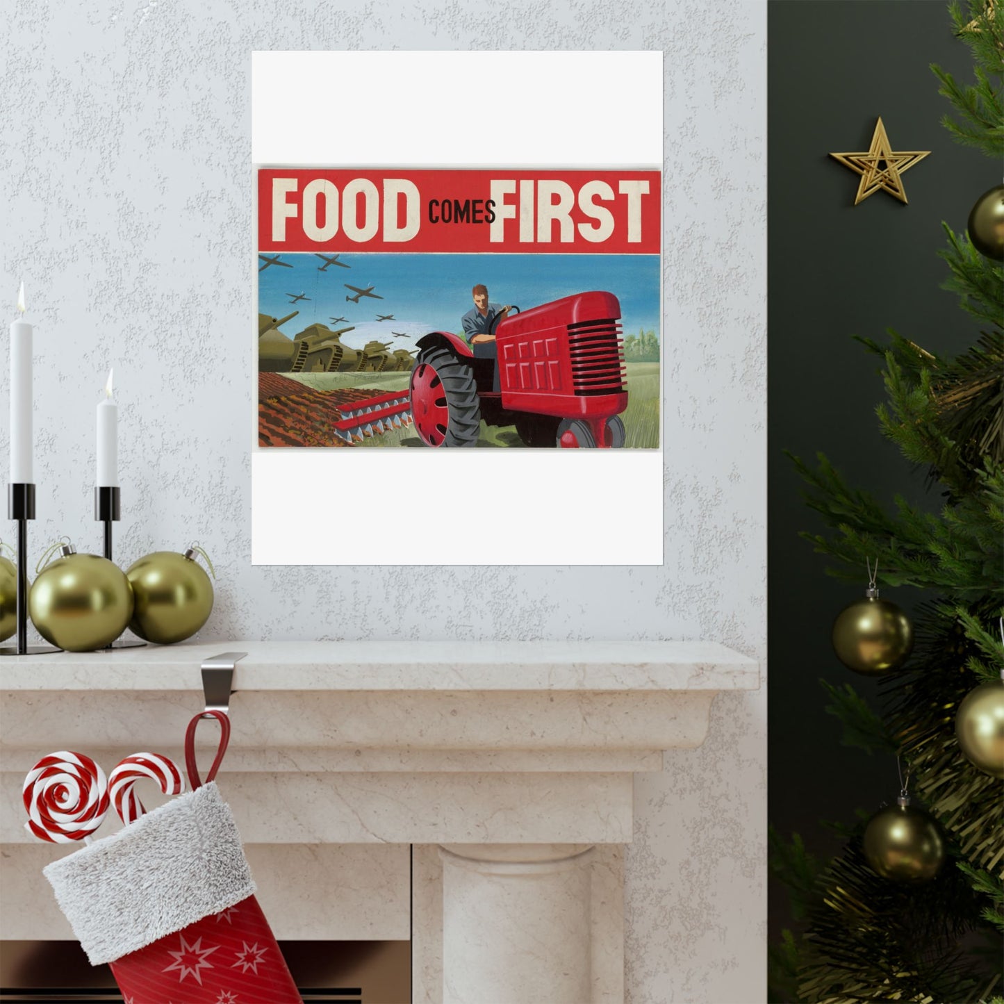 FOOD Comes FIRST - Public domain propaganda poster High Quality Matte Wall Art Poster for Home, Office, Classroom