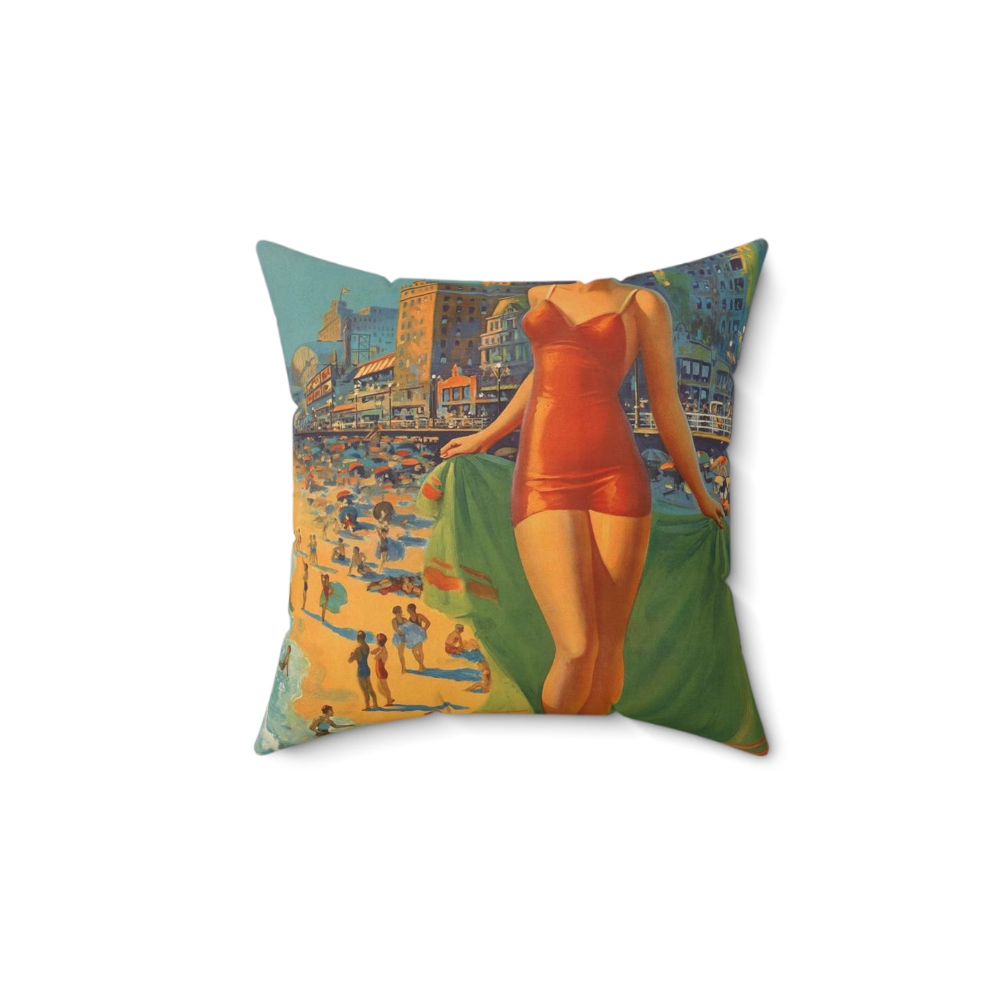 Atlantic City— America’s All-Year Resort, Pennsylvania Railroad, painting by Edward Mason Eggleston Decorative Accent Square Pillow