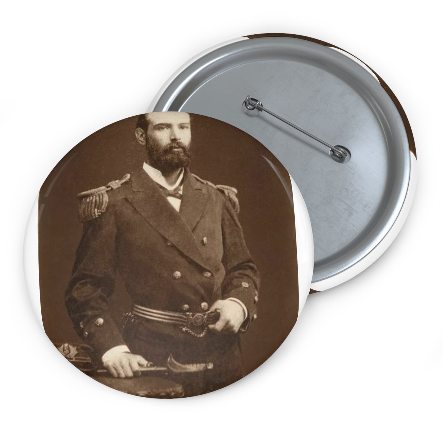Foto A.Prat - A black and white photo of a man in uniform Pin Buttons with Crisp Design