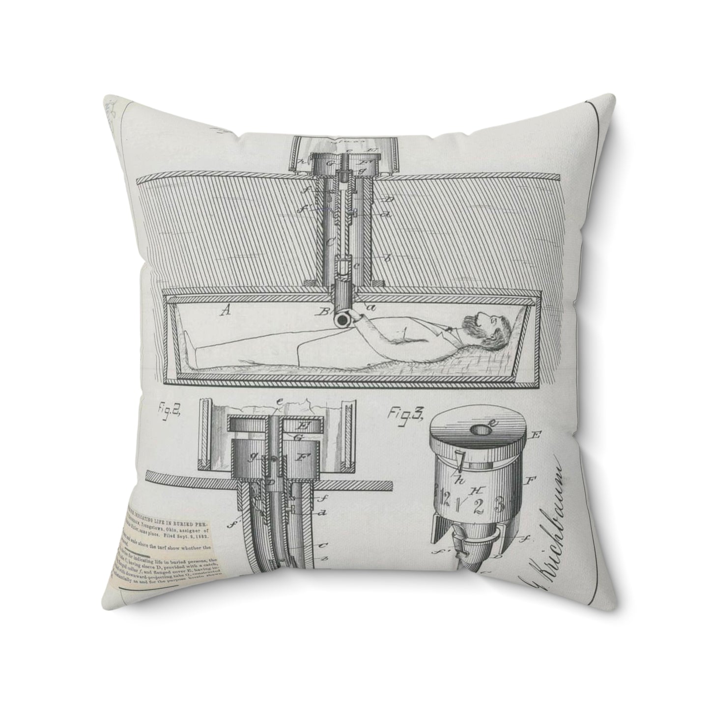 Patent drawing - for J. G. Krichbaum's Device for Indicating Life in Buried Persons Public domain  image Decorative Accent Square Pillow