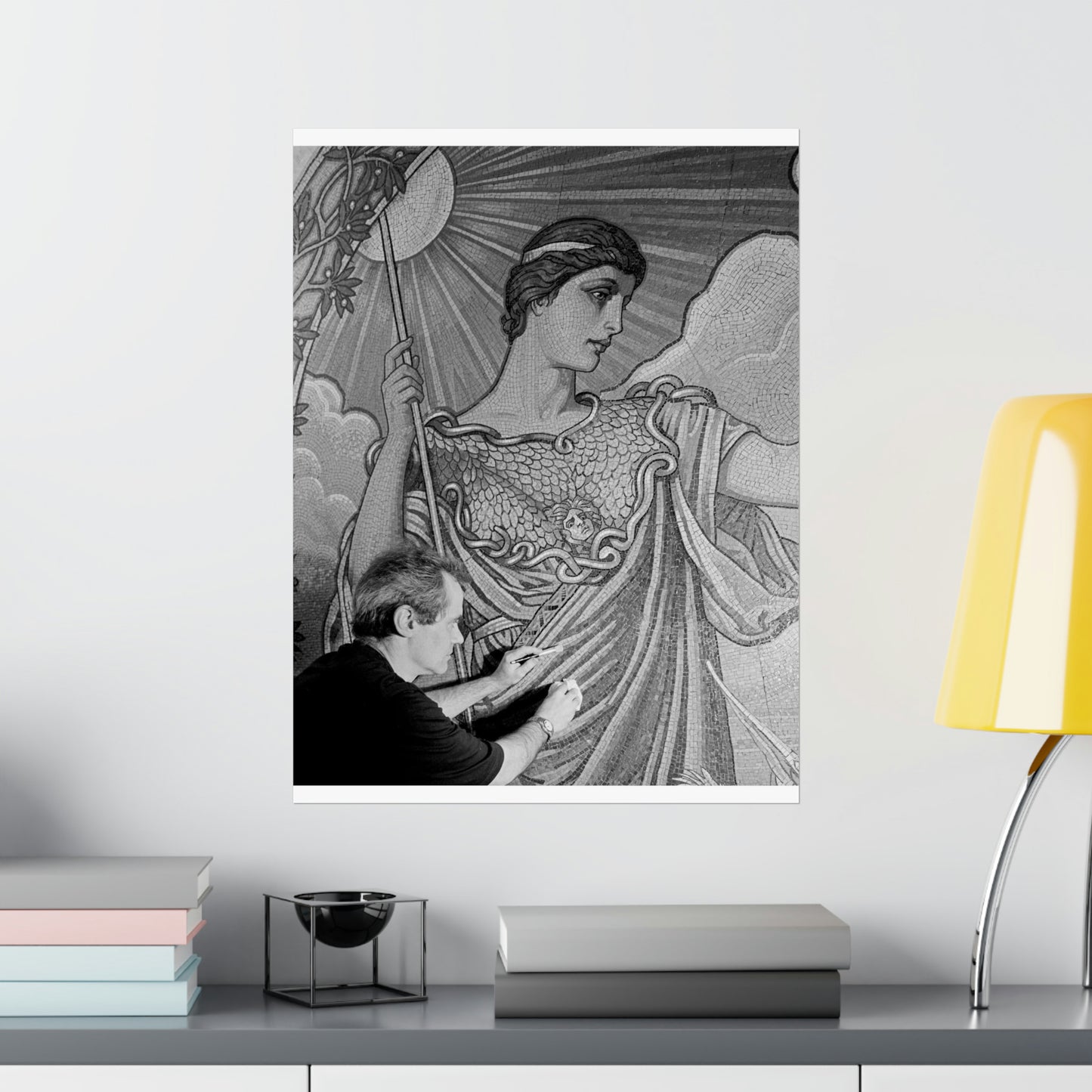 Cleaning the Minerva figure at the Library of Congress's Thomas Jefferson Building, Washington, D.C. High Quality Matte Wall Art Poster for Home, Office, Classroom