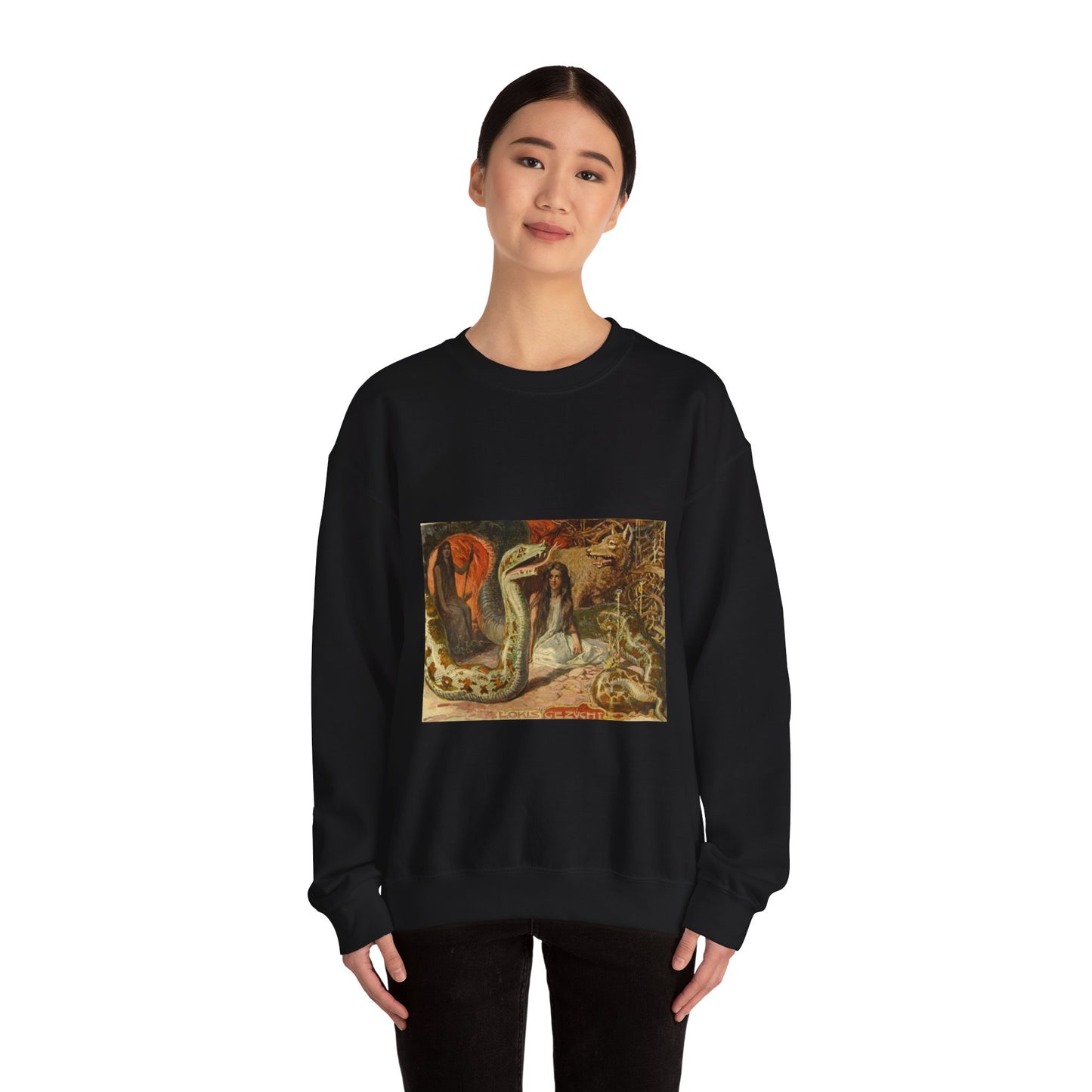 Lokis Gezücht - A painting of a woman sitting in front of a snake Black Heavy Blend Adult Crew Neck SweatShirt