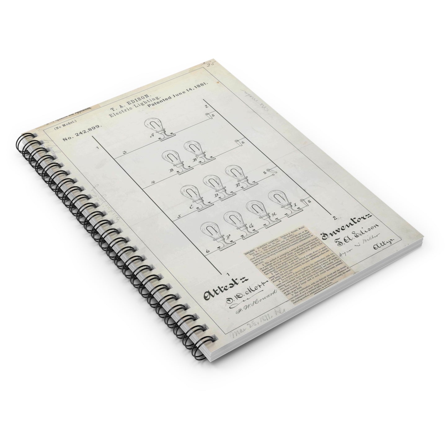 Patent drawing - for T. A. Edison's Electric Lighting Public domain  image Spiral Bound Ruled Notebook with Printed Cover